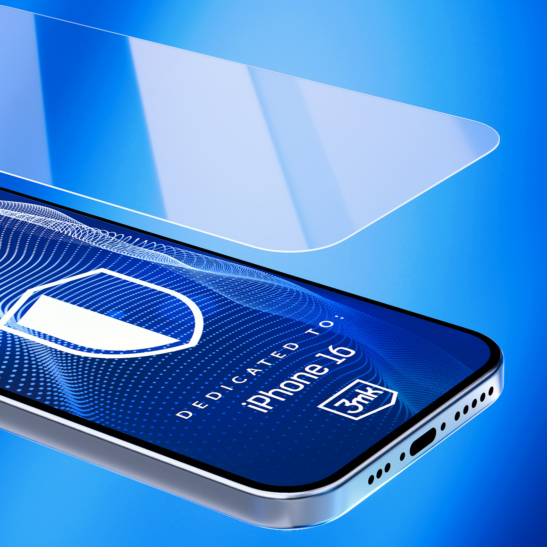 Wyświetlany jest telefon z ochraniaczem ekranu i grafiką tarczy, z niebieskim tłem.