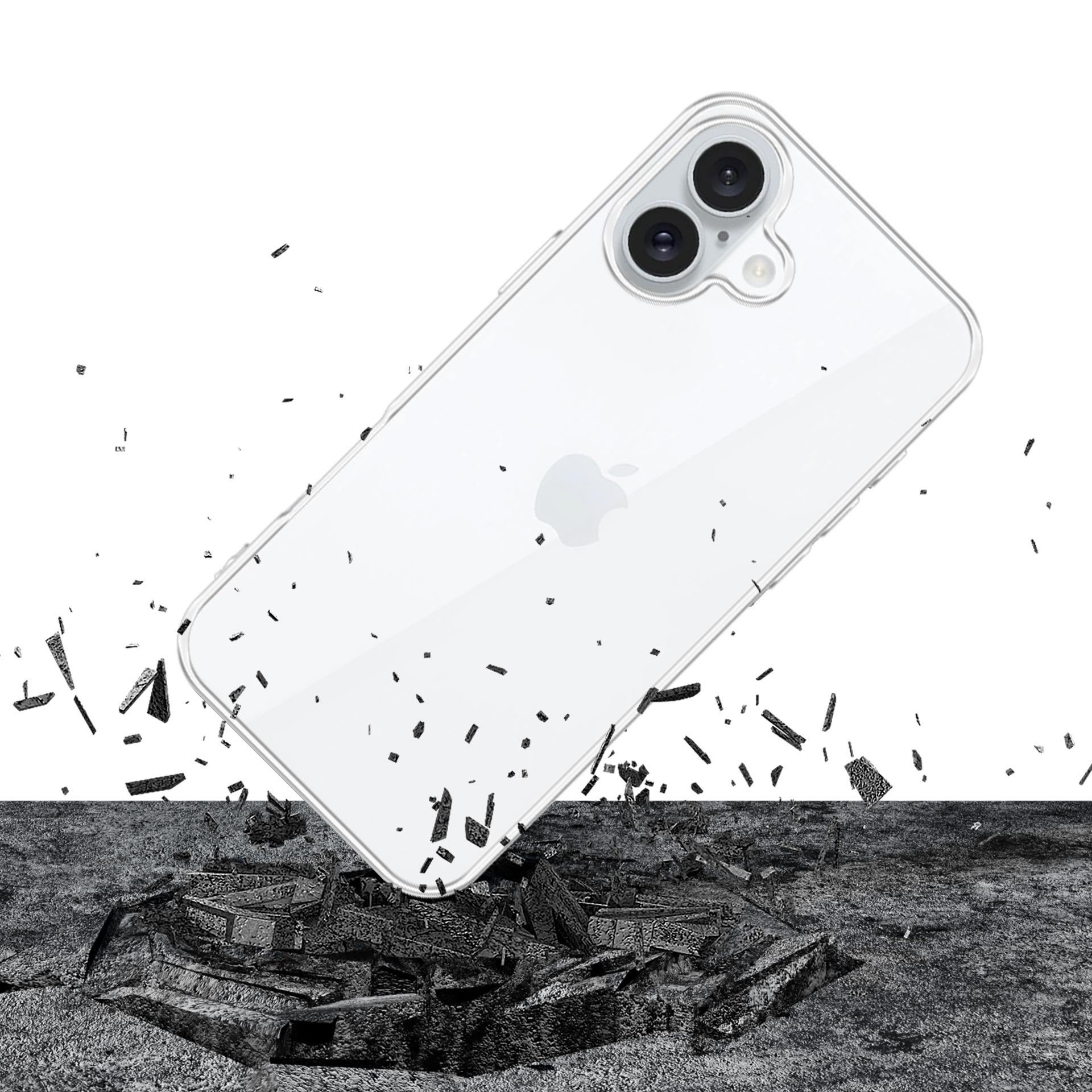 Un telefono in una custodia trasparente sta cadendo su una superficie strutturata, con detriti frammentati intorno.