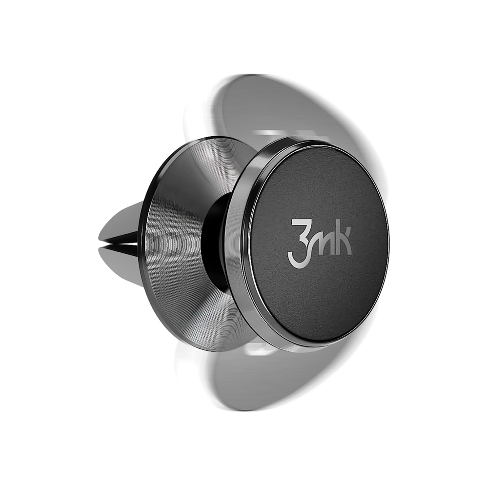 Srebrno-czarny uchwyt na telefon samochodowy. Uchwyt zamontowany na białym tle.