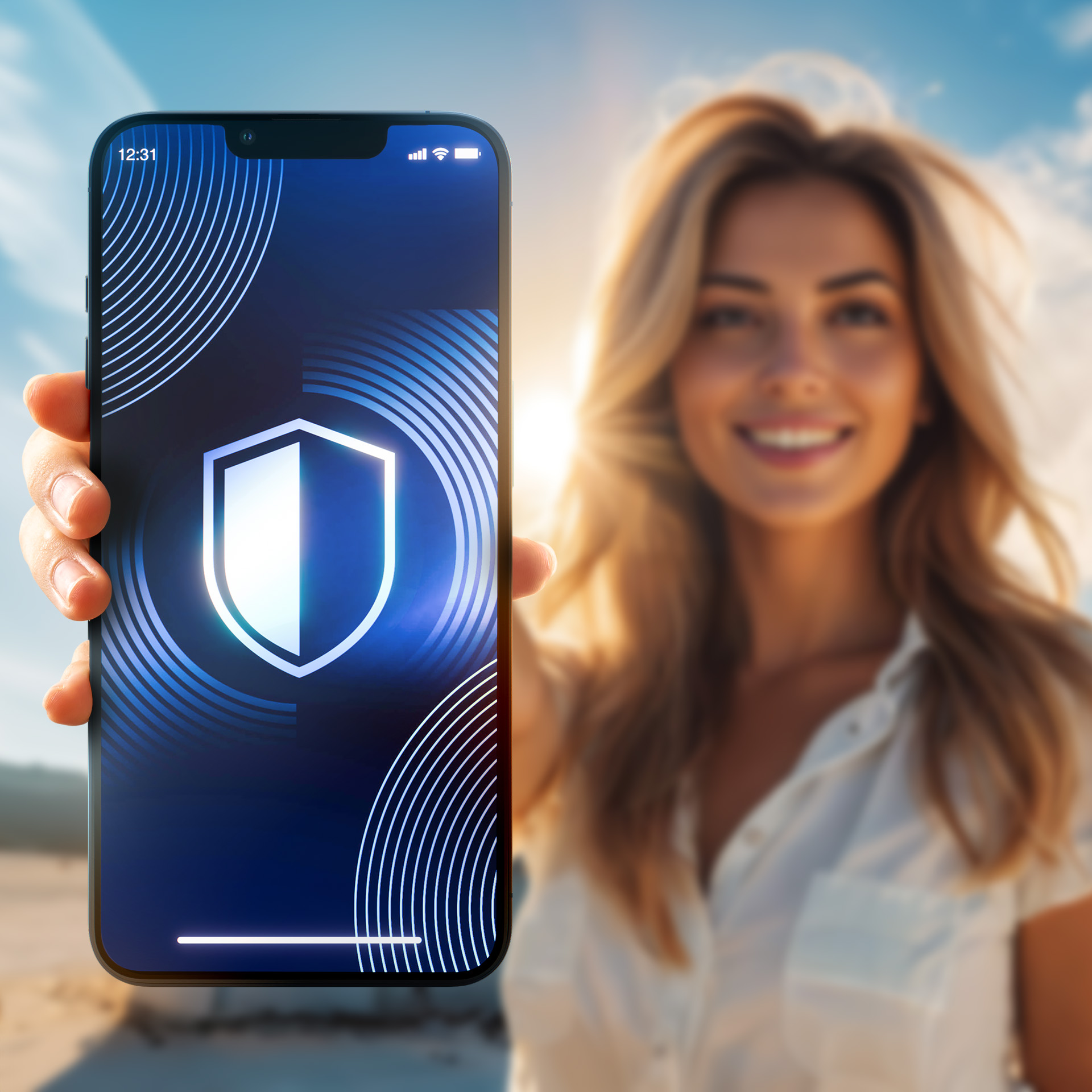 Donna che tiene in mano un telefono con uno scudo sullo schermo. Sfondo di tramonto.