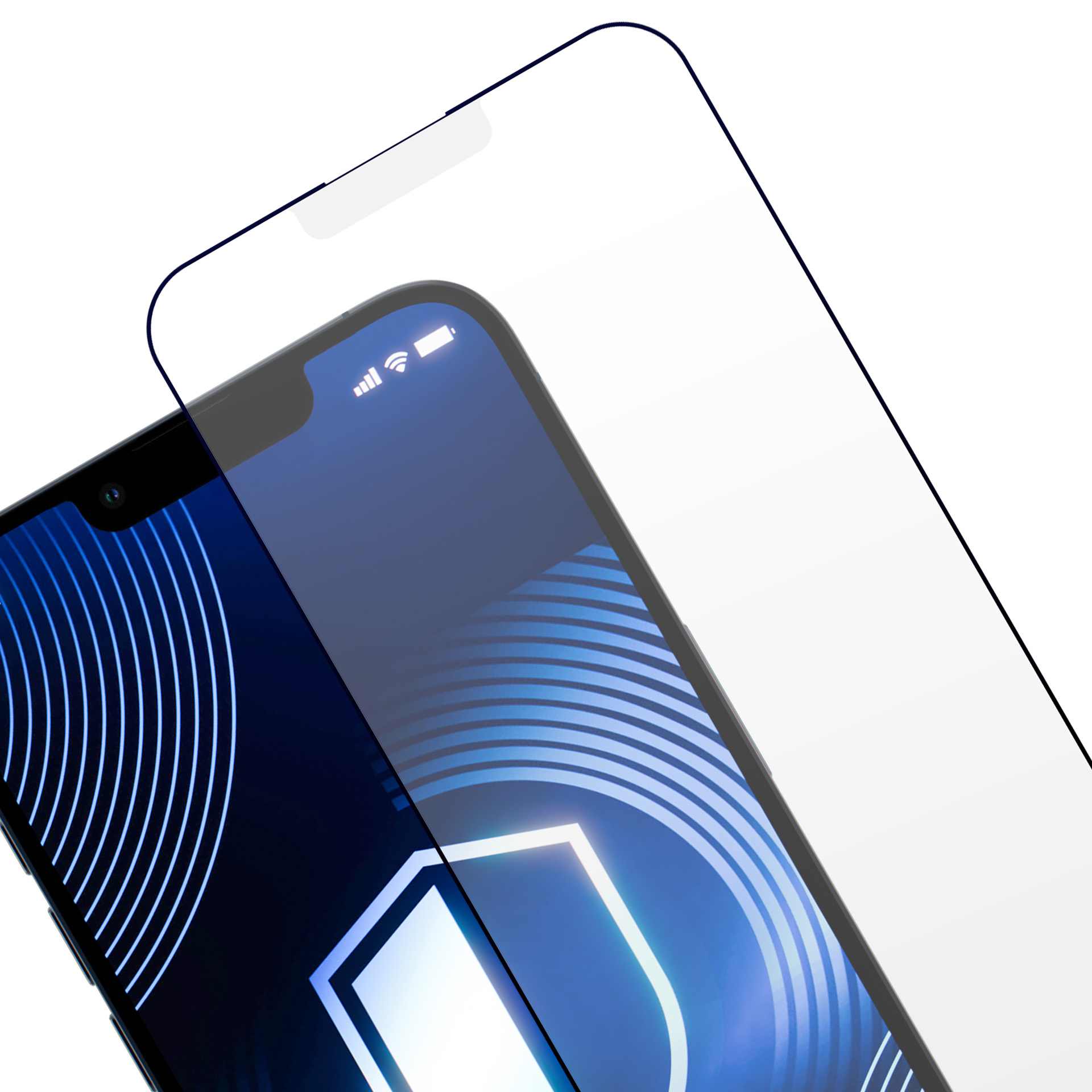 Un telefono con una protezione schermo parzialmente applicata. La protezione è trasparente.