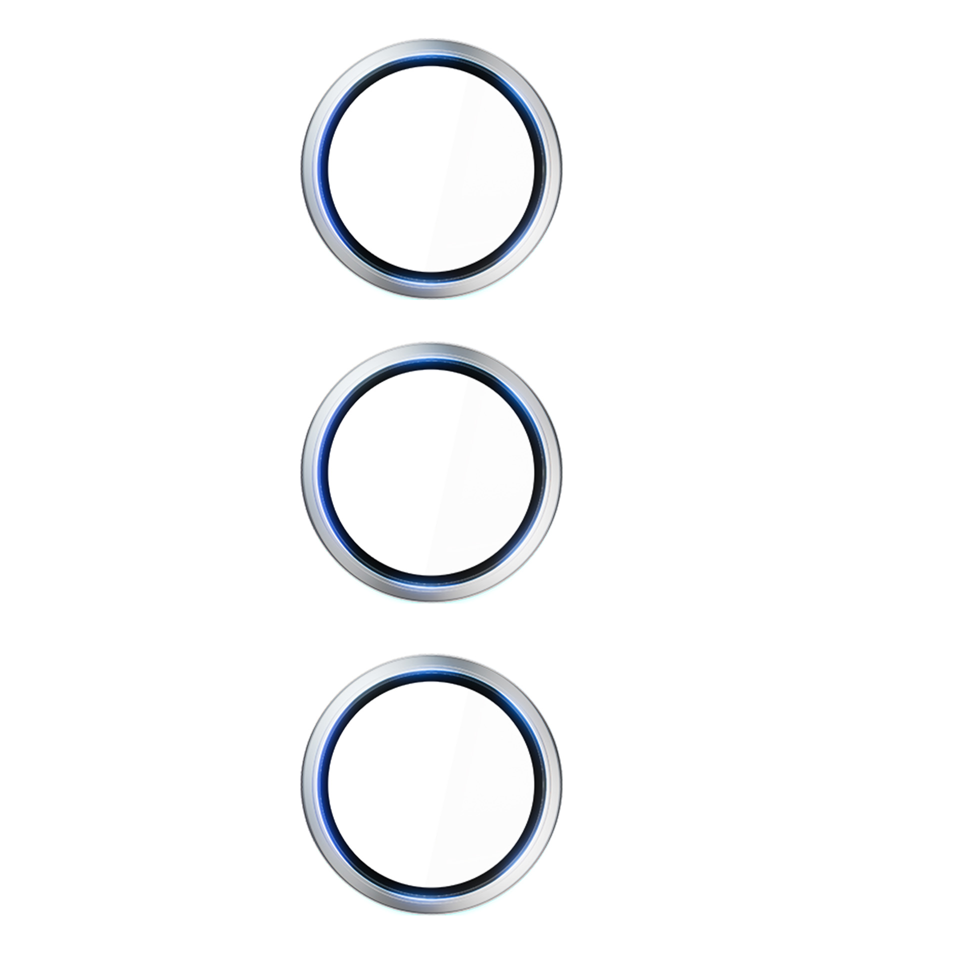 Tre protezioni per lenti della fotocamera con contorno blu, disposte su una superficie bianca.