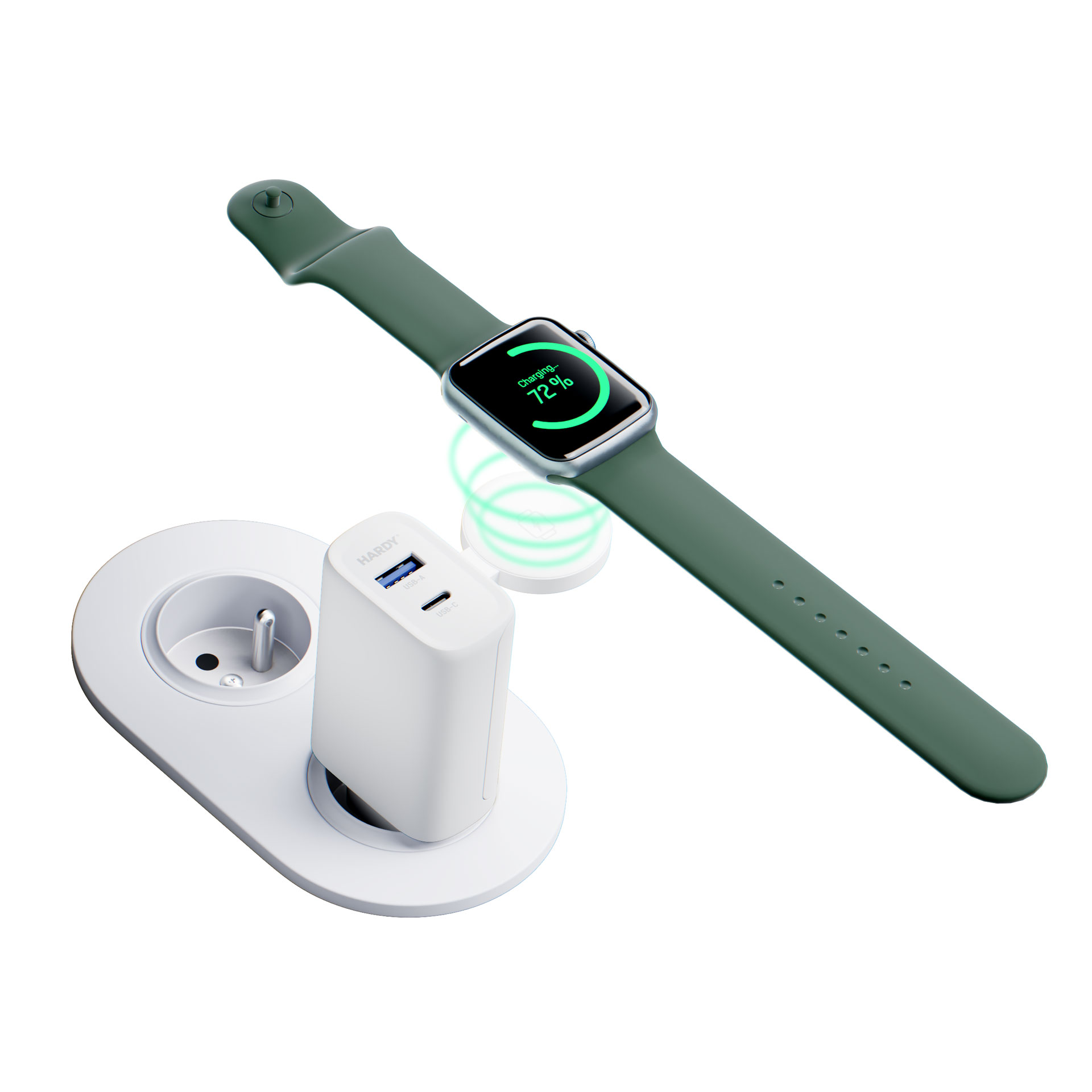 Zielony smartwatch na ładowarce. Ładowarka i wtyczka po lewej, pokazują 72% naładowania.