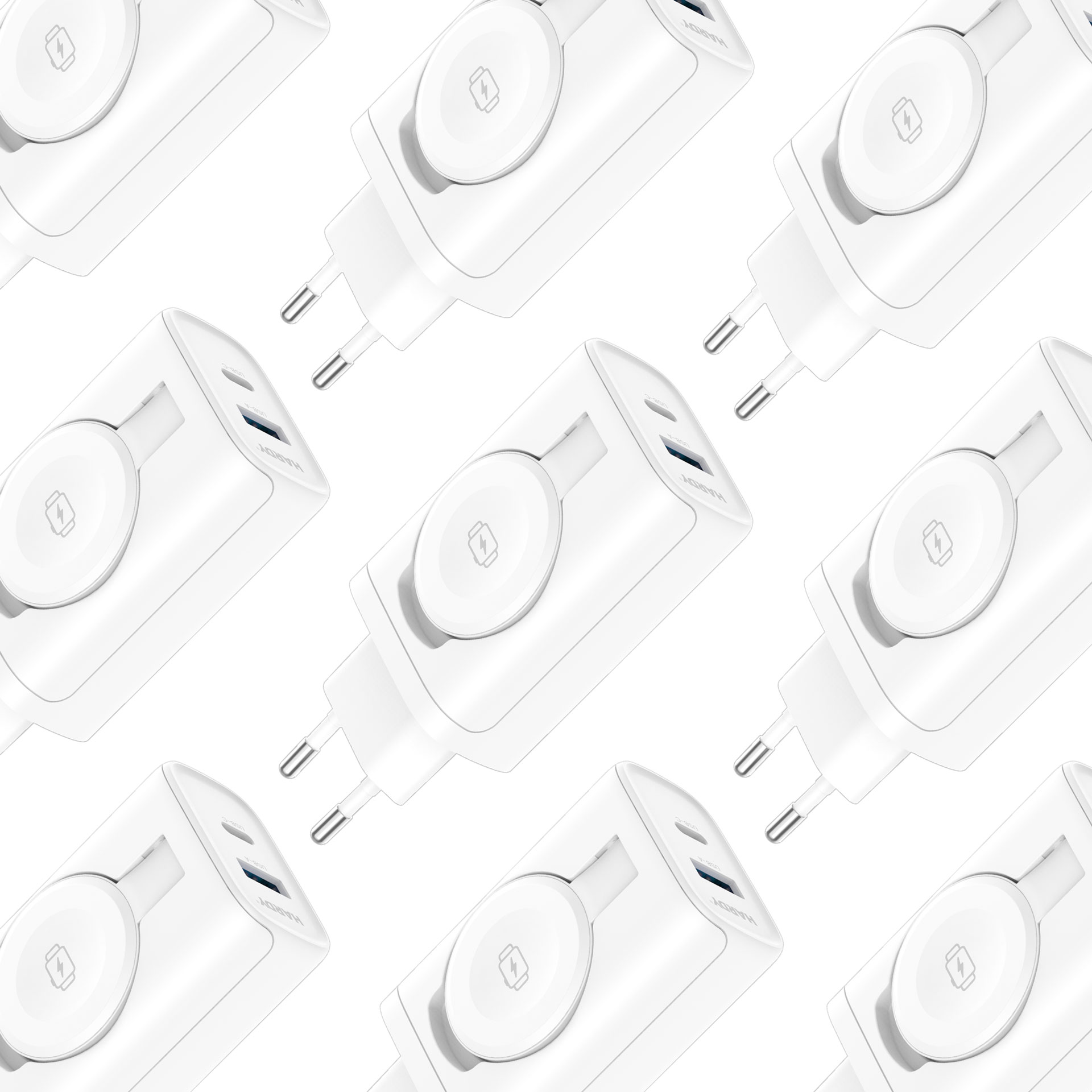 Wiele białych ładowarek, każda z ładowarką do zegarka i portami USB, na białym tle.