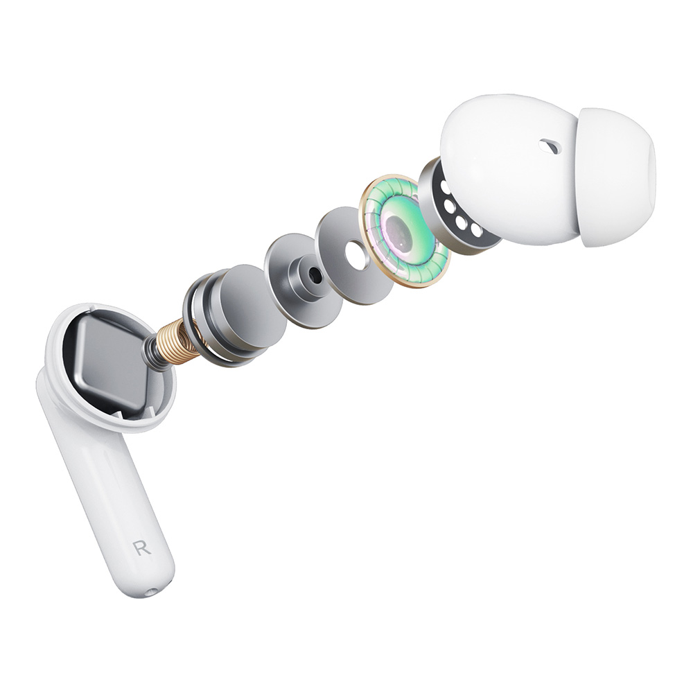 Auricolare bianco smontato. Mostra i componenti interni come l'altoparlante, anelli metallici e l'alloggiamento.
