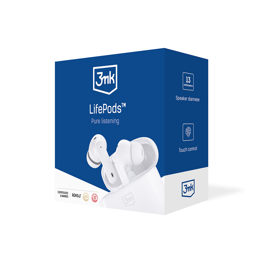 Una scatola bianca di auricolari 3nk LifePods. La scatola è blu e bianca, con auricolari e custodia.