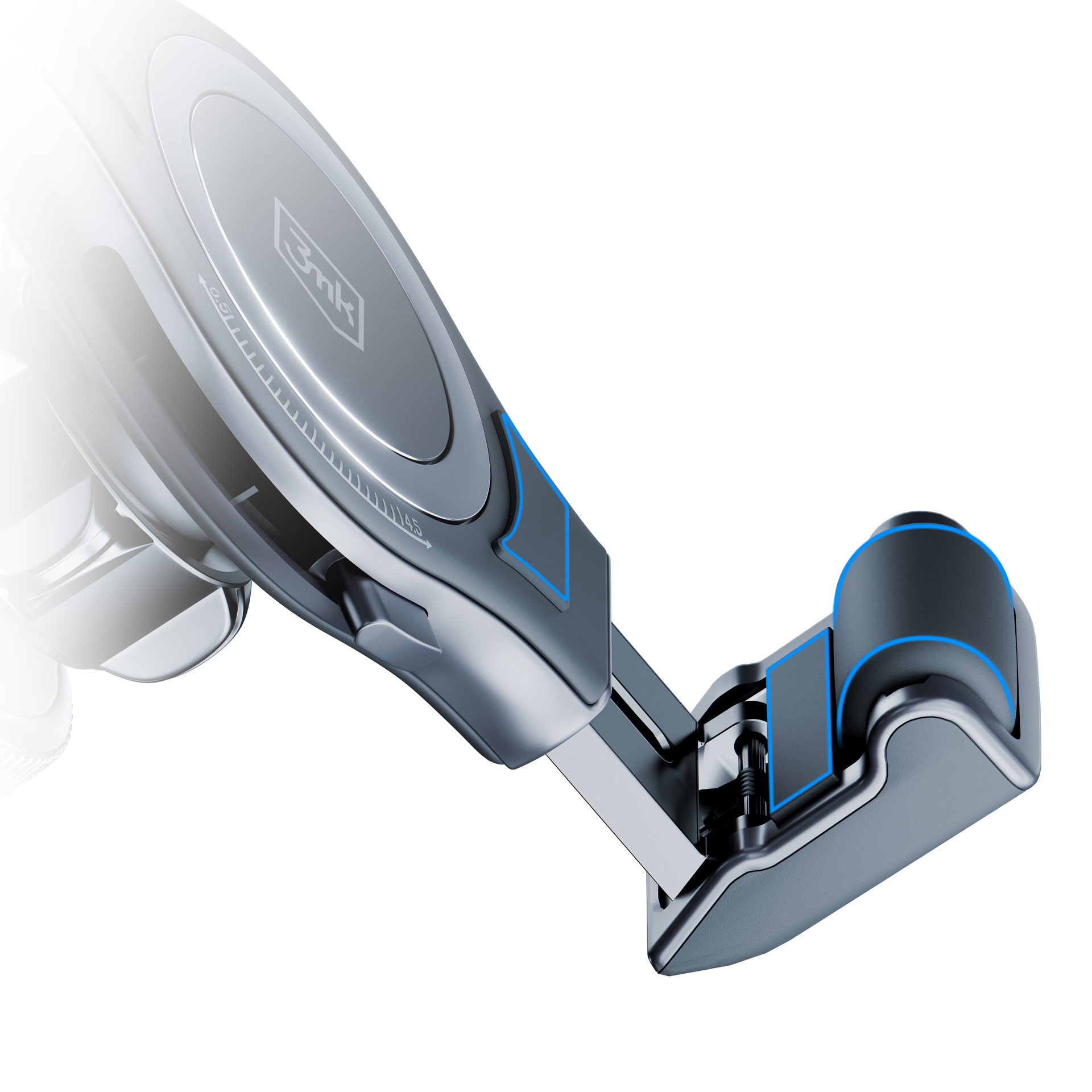 Srebrny i czarny uchwyt na telefon z niebieskimi akcentami na białym tle.