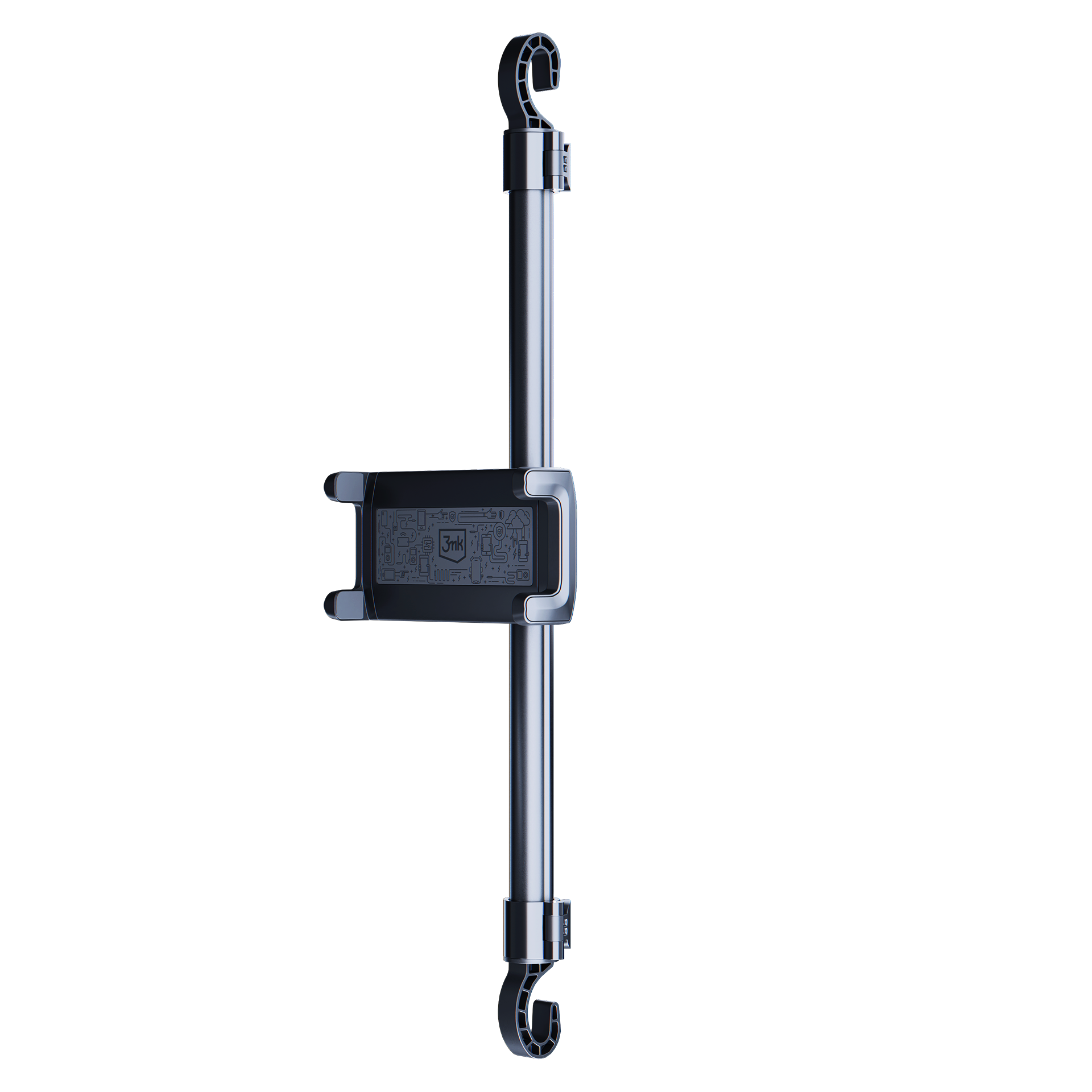 Uchwyt samochodowy na telefon, srebrno-czarny, z dwoma hakami i mocowaniem z logo.