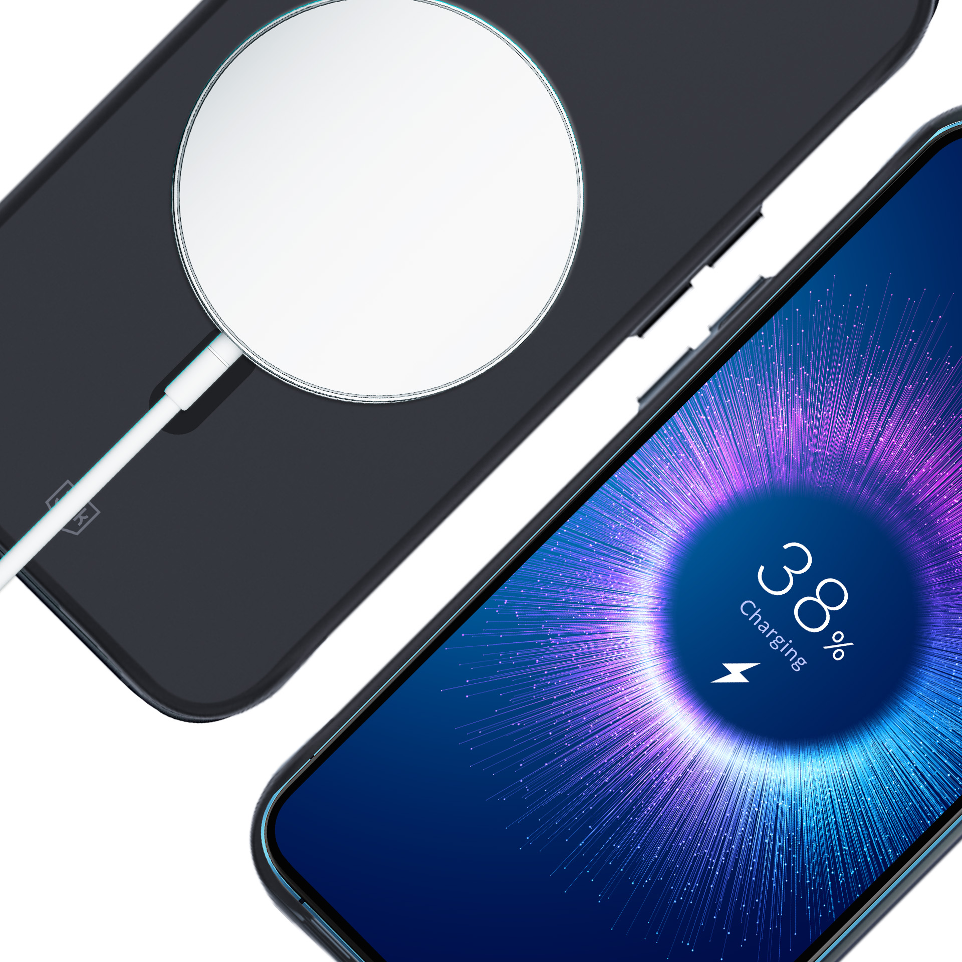 Un telefono in carica wireless, con un caricatore circolare e uno schermo che mostra la carica al 38%.
