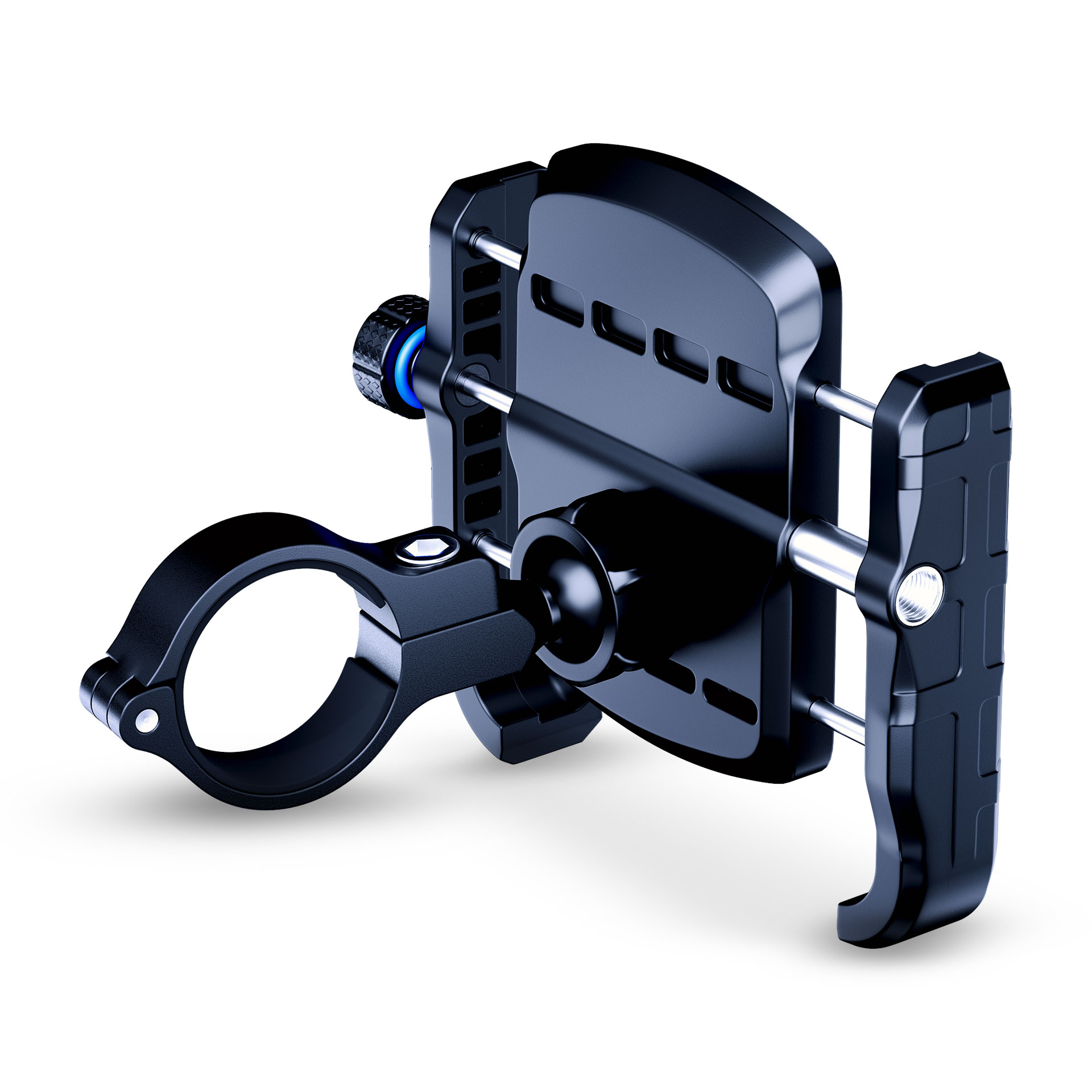 Czarny uchwyt na telefon do roweru na białym tle.