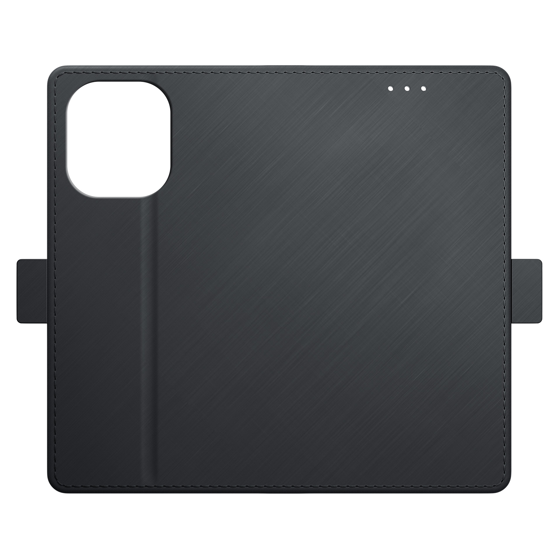 Una custodia per telefono nera con un ritaglio per la fotocamera, una superficie strutturata e una chiusura magnetica.