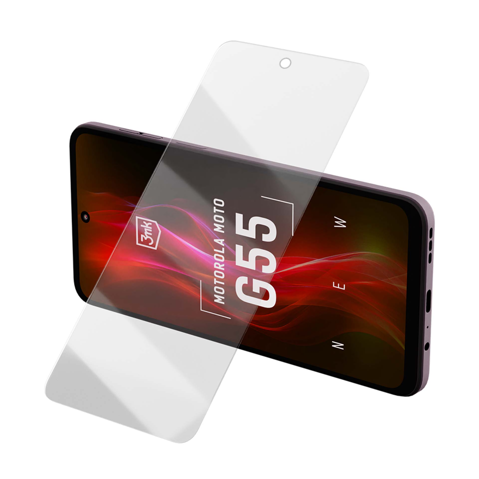 Un telefono Motorola G55 con una protezione per lo schermo applicata, con il nome del marchio visibile.