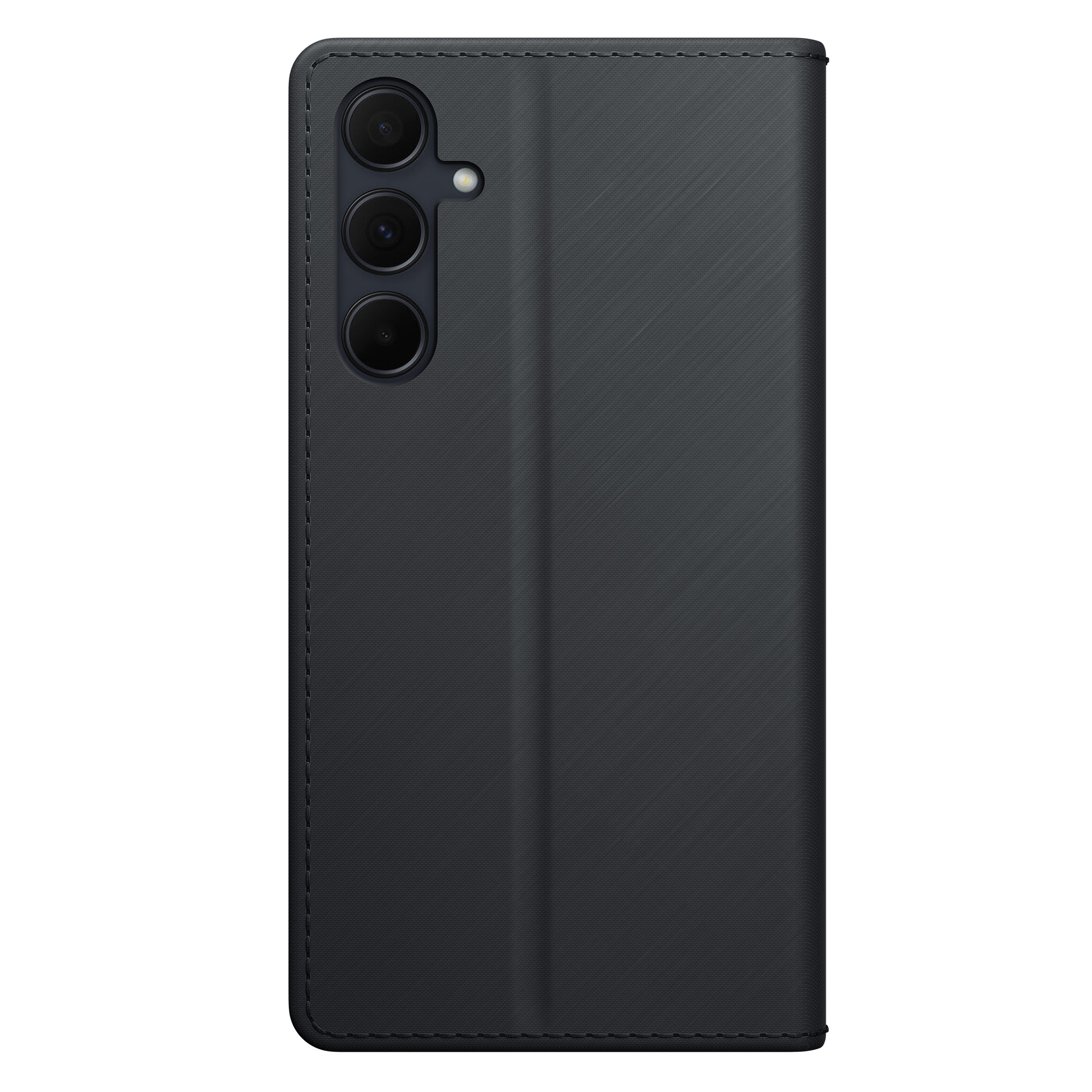 Zamknięte, czarne etui na telefon z modułem aparatu. Leży na białej powierzchni.