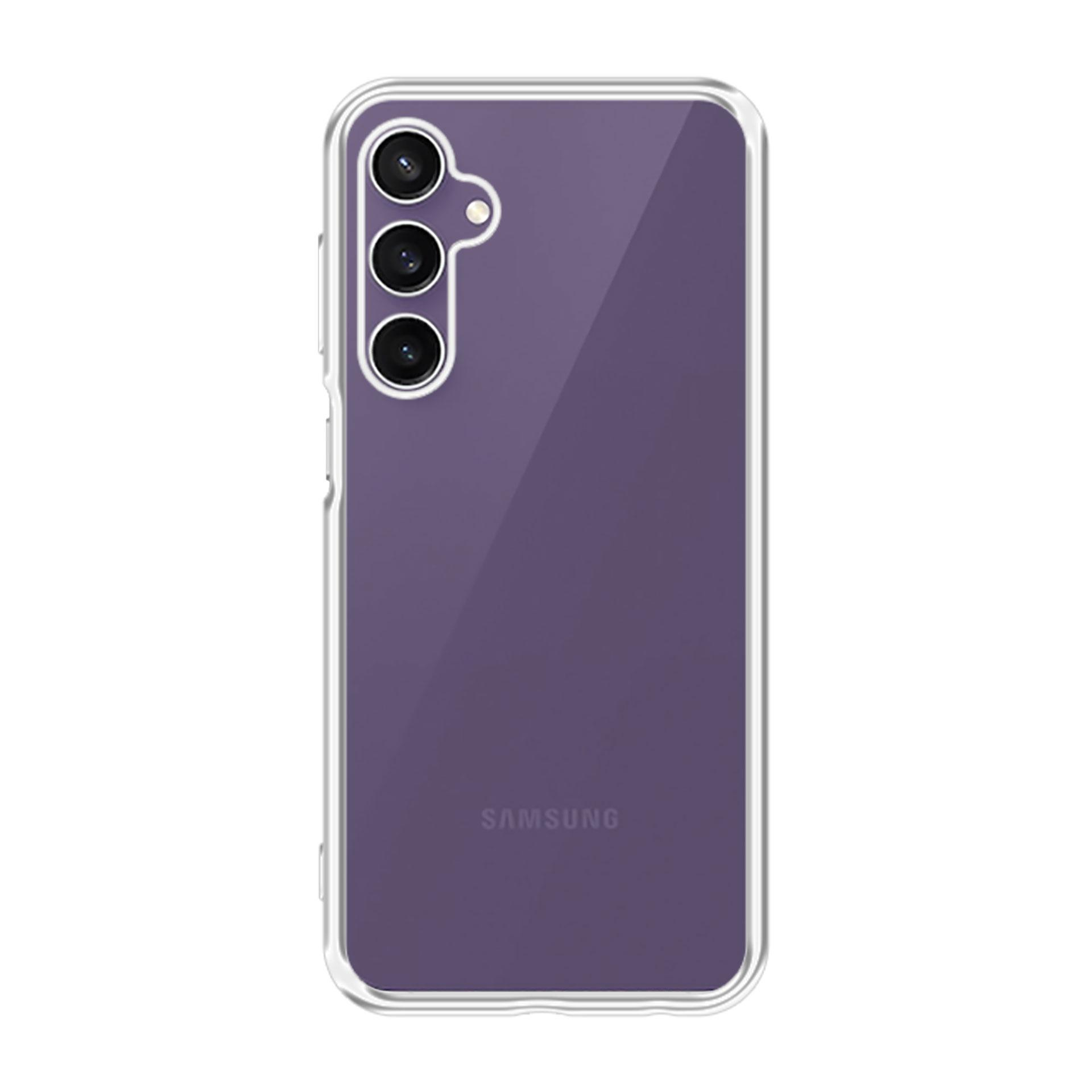 Telefono viola all'interno di una custodia trasparente. La custodia è su sfondo bianco. Sono presenti tre obiettivi.