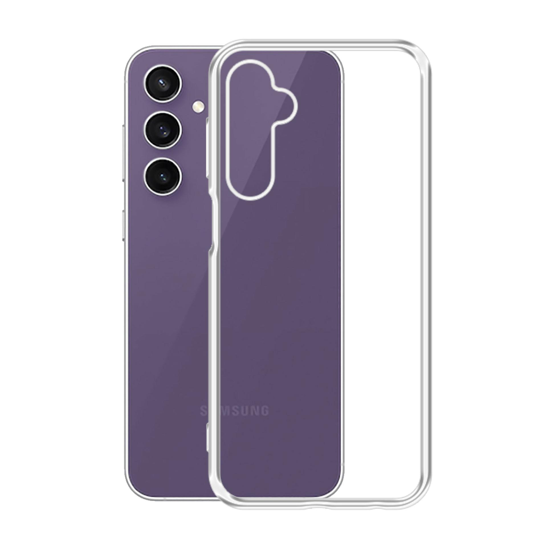 Un telefono con retro viola e custodia trasparente. È su sfondo bianco.