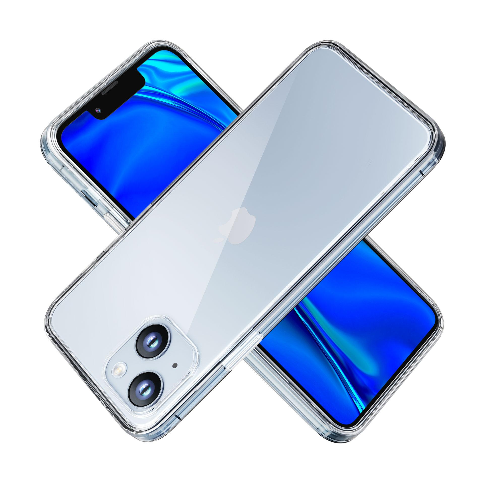 Dwa telefony z przezroczystymi etui. Jeden telefon jest na drugim. Oba telefony mają niebieskie ekrany.