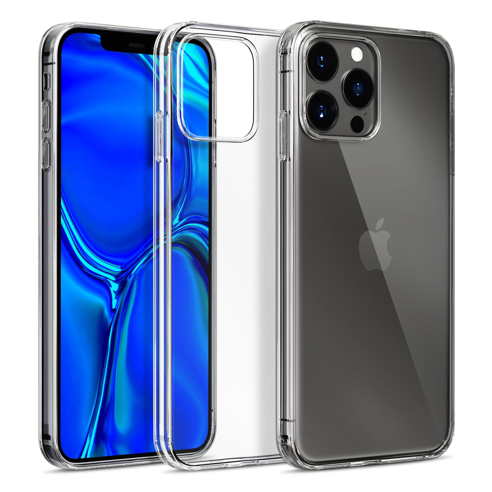 Trzy iPhone'y z przezroczystymi etui. Jeden pokazuje ekran, inny jest przezroczysty, a ostatni pokazuje aparat.