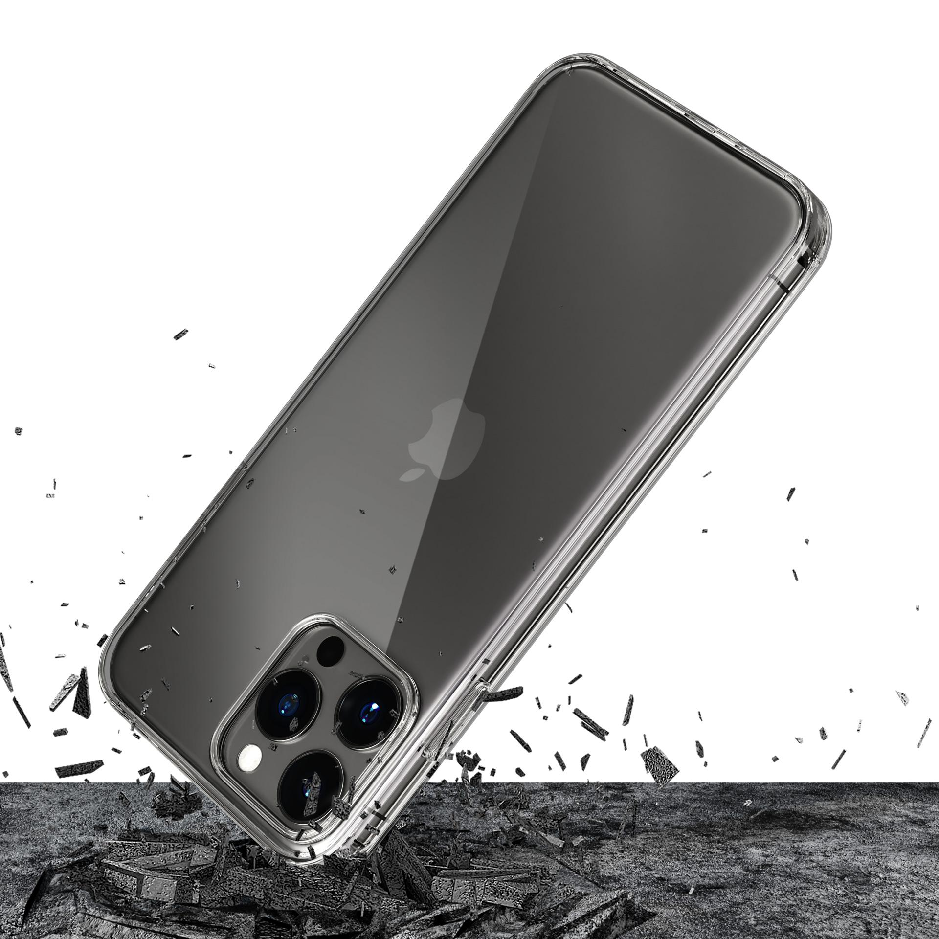 iPhone w przezroczystym etui, upada i rozpada się. Odłamki są rozrzucone. Powierzchnia jest chropowata, prawdopodobnie beton.