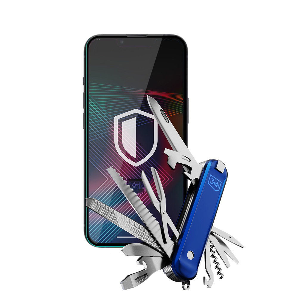 Un multiutensile blu accanto a un telefono con un'icona a scudo sullo schermo.