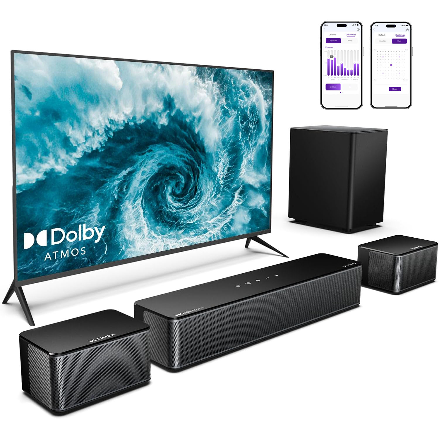 Konfiguracja kina domowego z telewizorem, soundbarem, subwooferem i dwoma głośnikami. Białe tło.