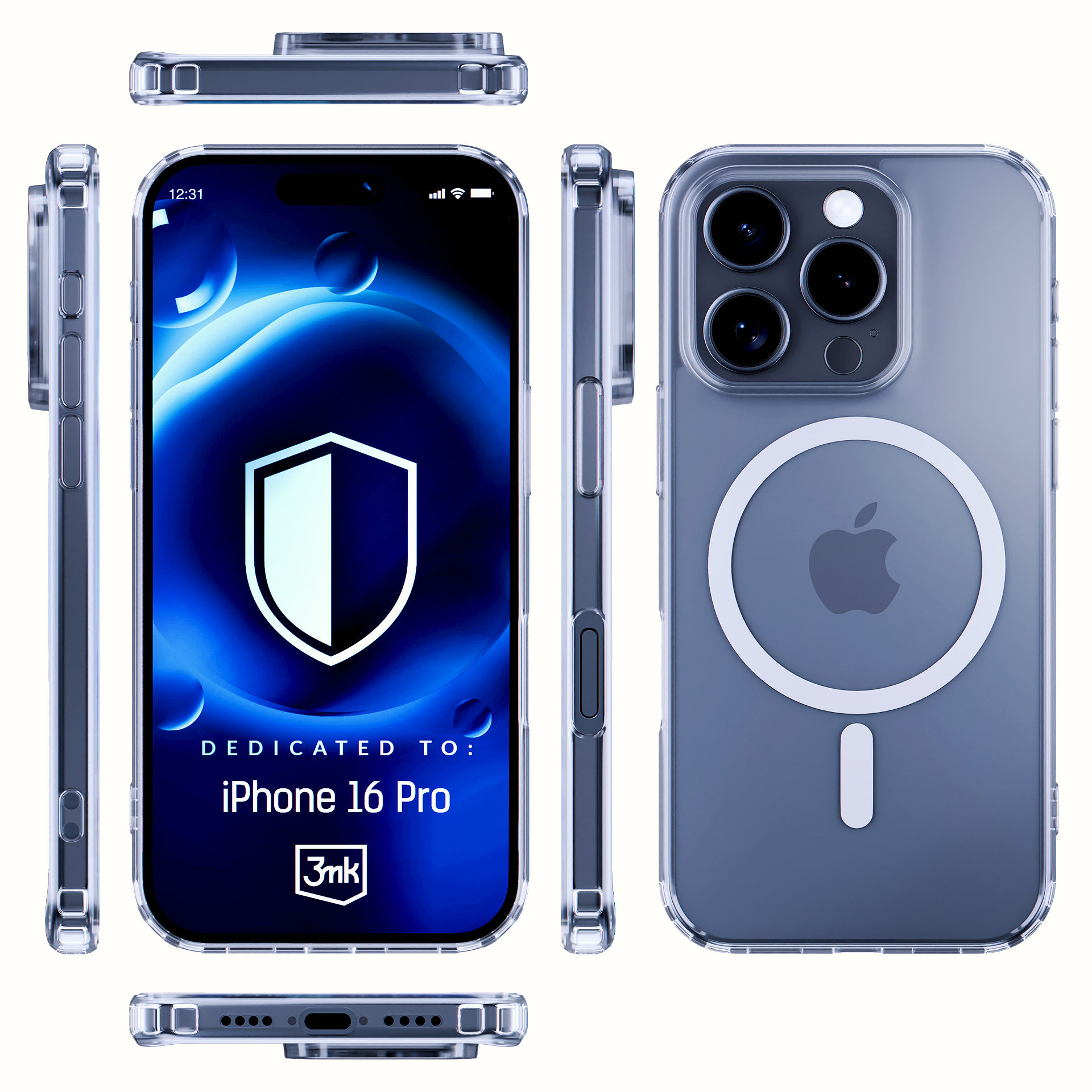 iPhone 16 Pro con custodia trasparente. Il telefono mostra un logo scudo e testo.