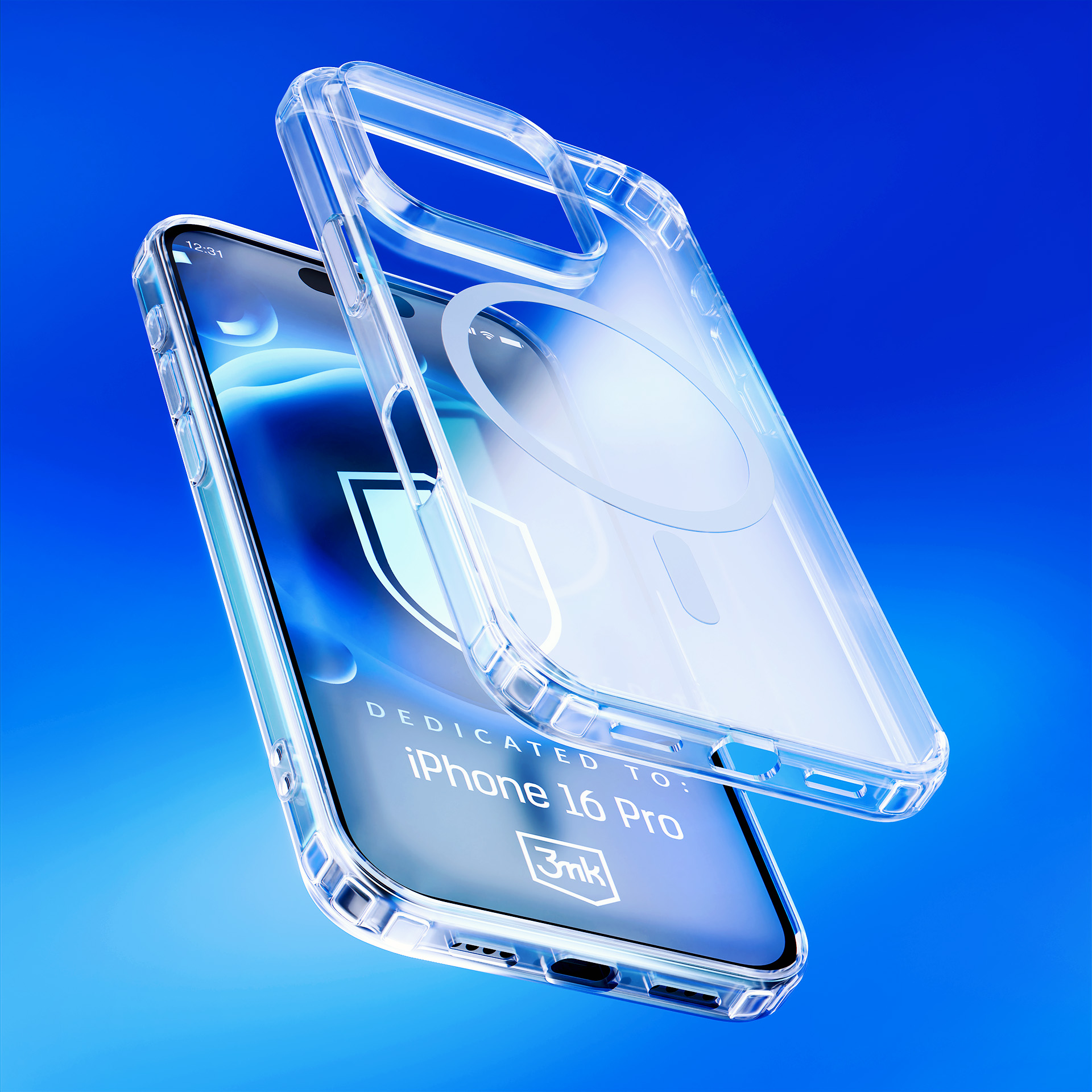 Custodia trasparente su un telefono. Lo schermo del telefono mostra l'icona dello scudo e il testo. Sfondo blu.