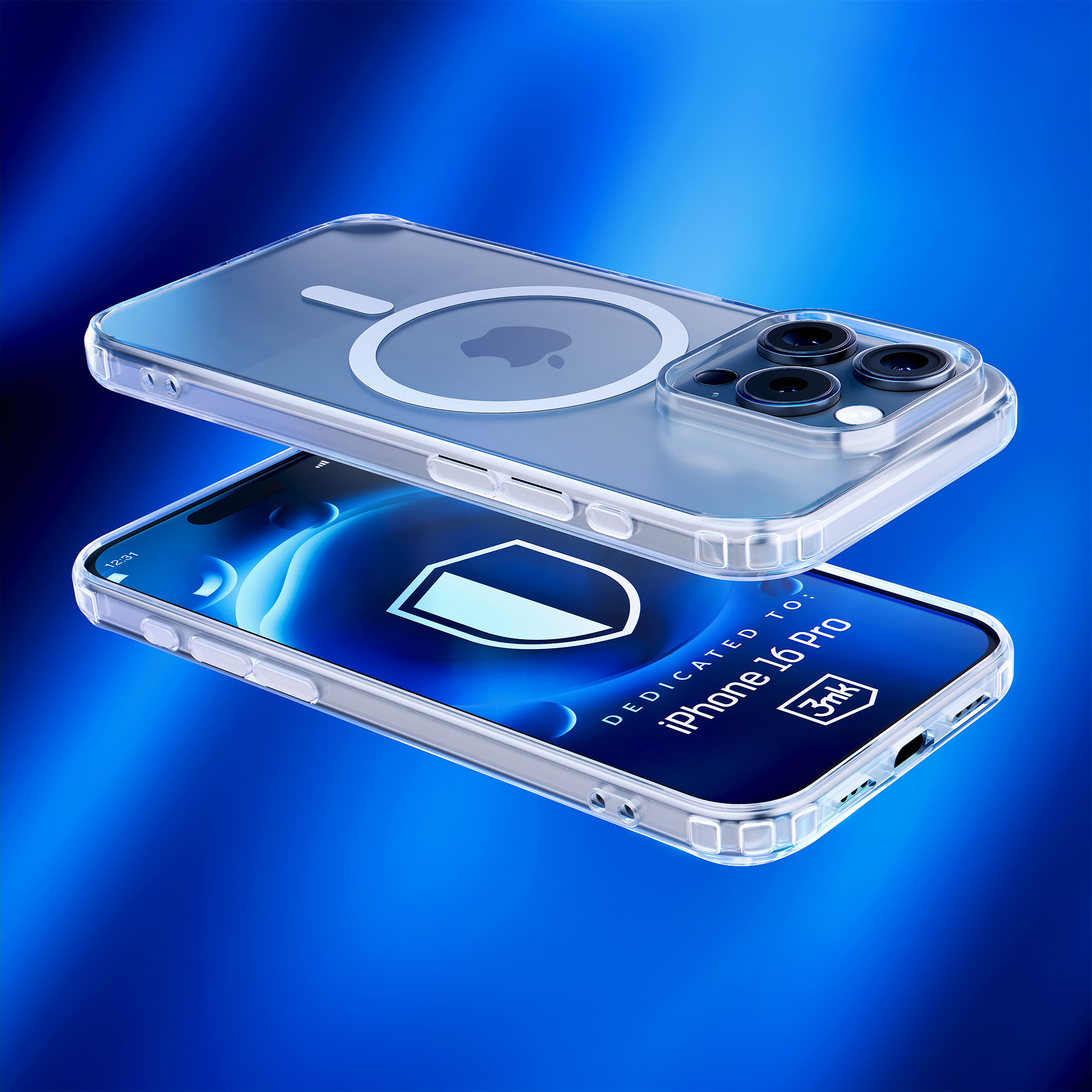 Custodia trasparente con telefono. Lo schermo del telefono mostra l'icona dello scudo e il testo. Sfondo blu.