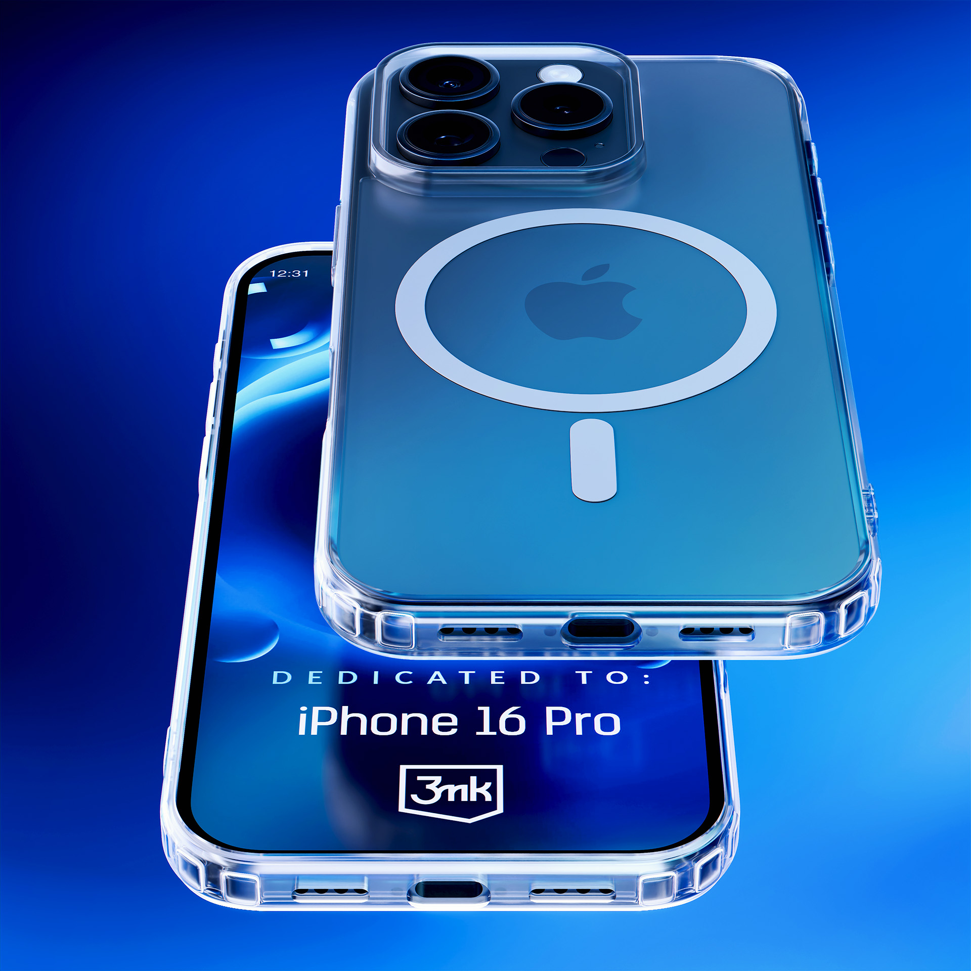iPhone 16 Pro con custodia e protezione schermo. Mostra un logo a scudo.