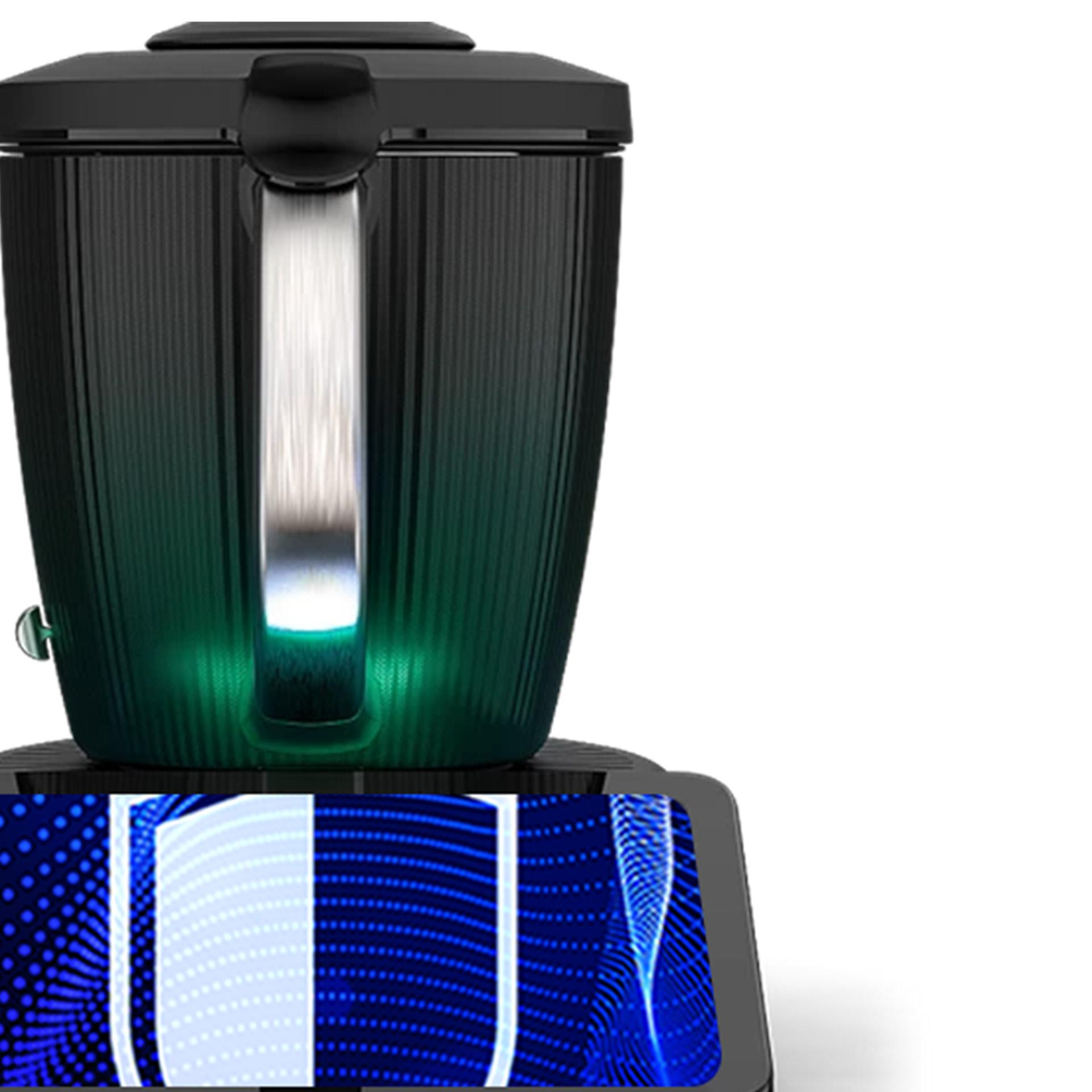 Czarny i zielony sprzęt z ekranem wyświetlającym niebieski wzór fal i logo tarczy.