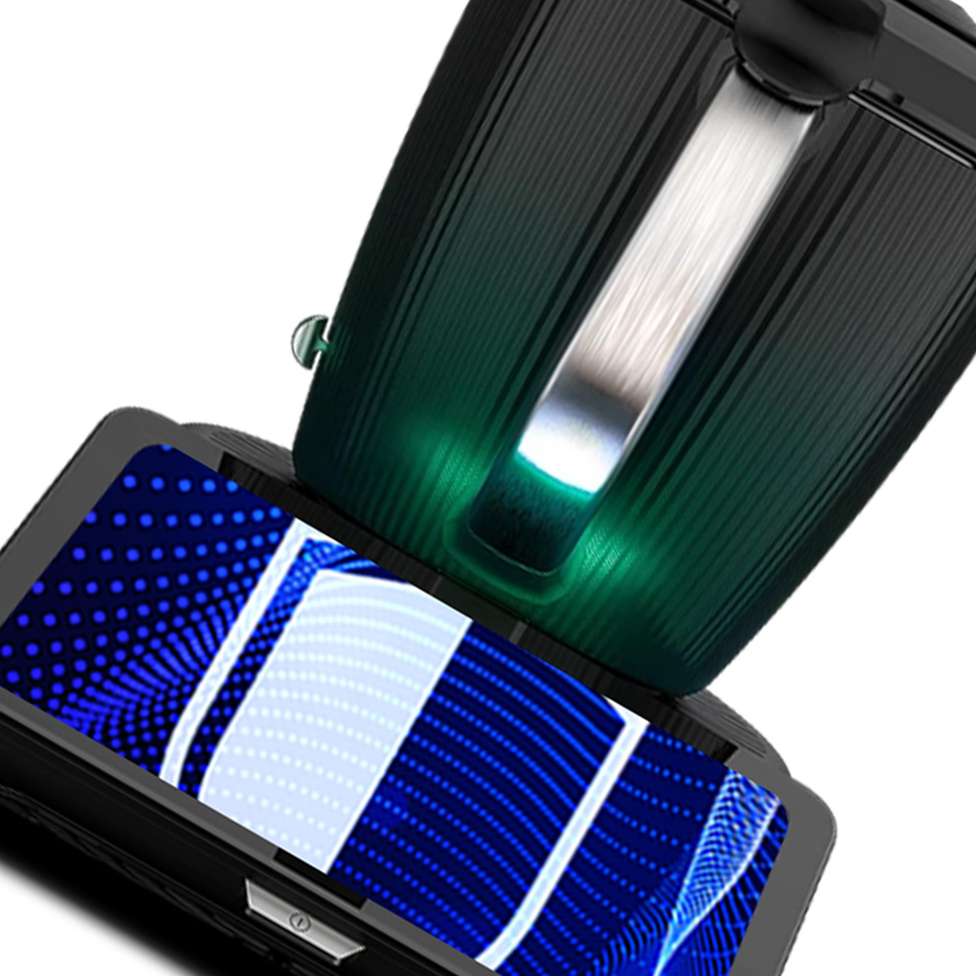 Czarne urządzenie z otwartym ekranem, pokazującym niebieskie linie. Światło świeci od wewnątrz. Białe tło.