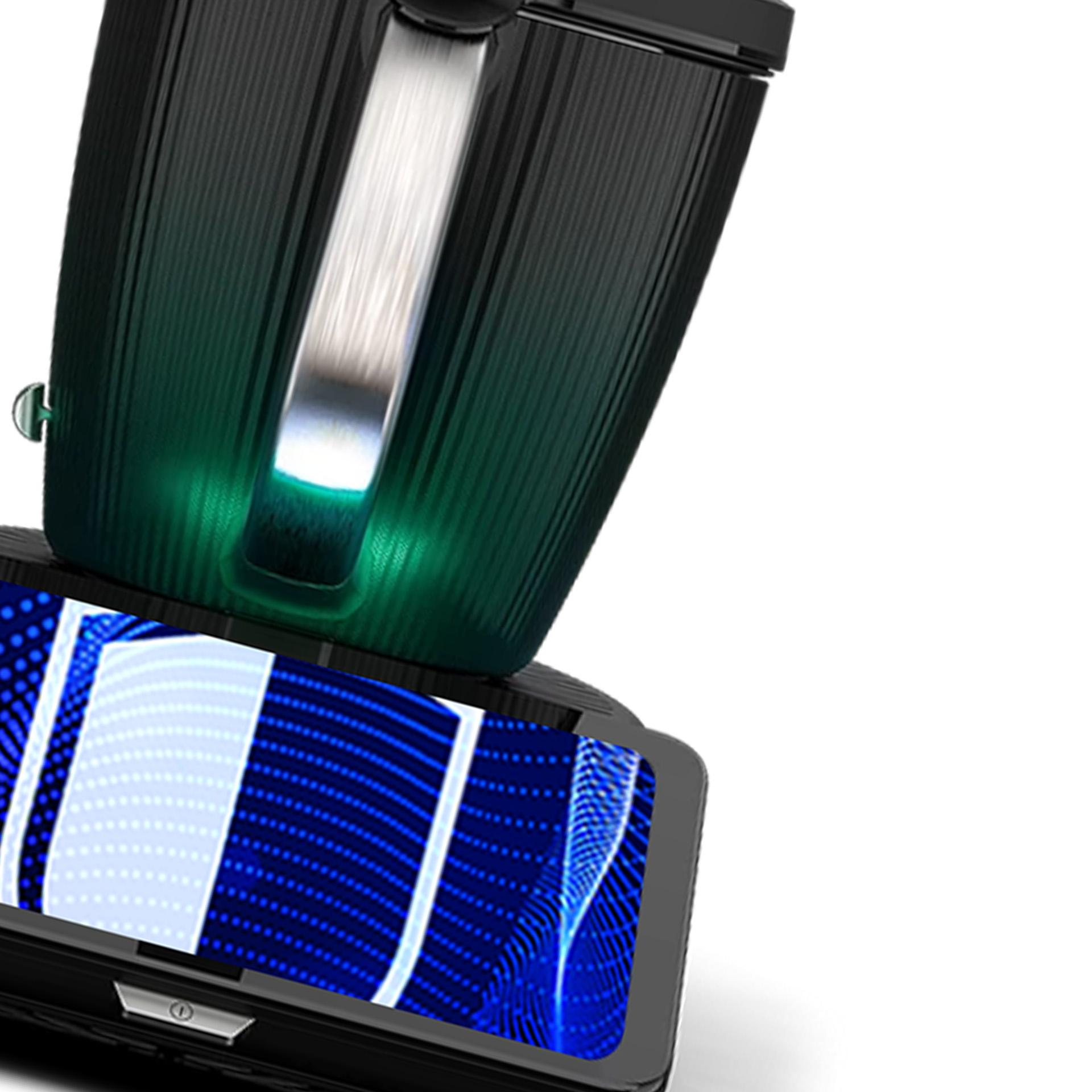 Czarne urządzenie z otwartym ekranem wyświetlającym niebieskie linie. Światło świeci od wewnątrz. Białe tło.