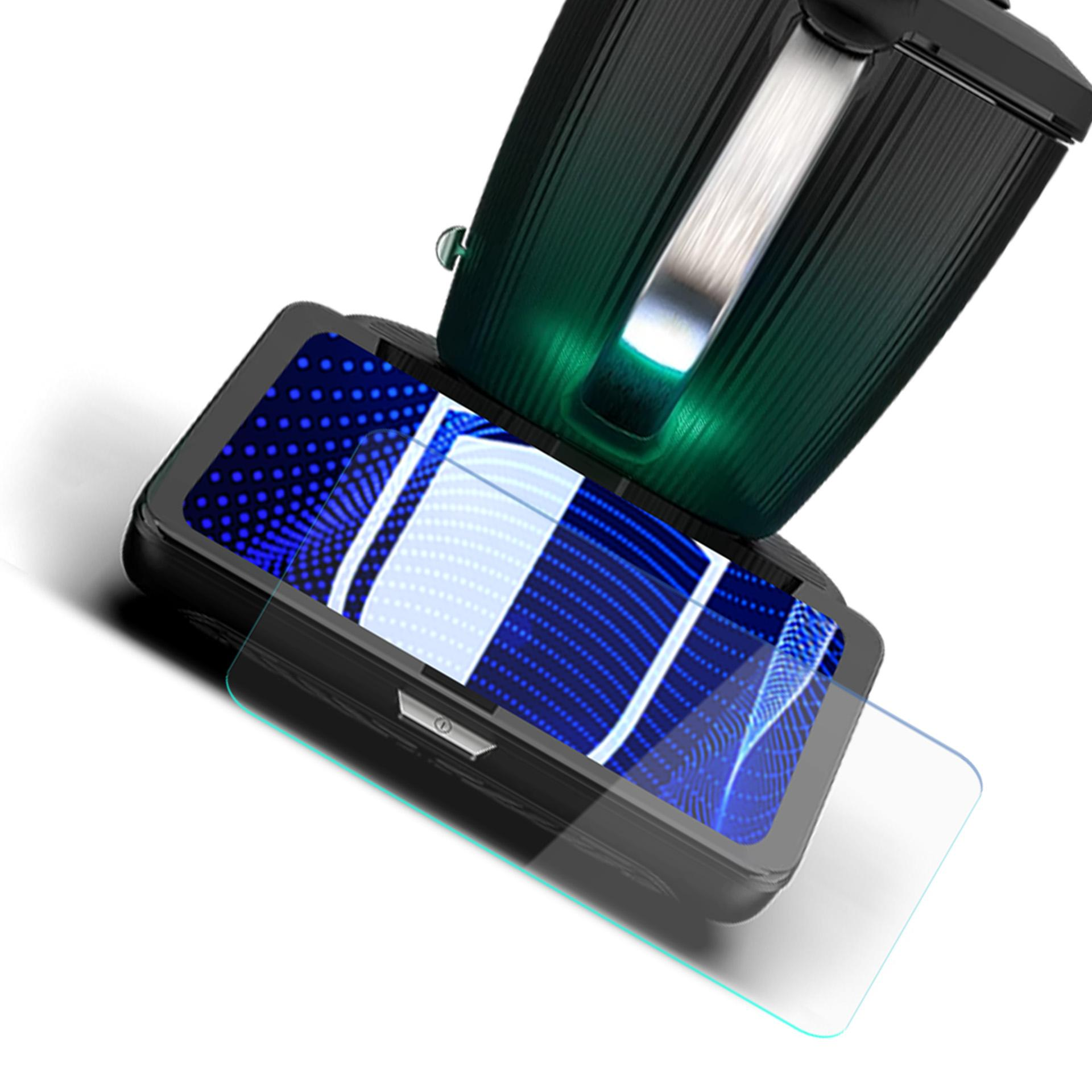 Czarne urządzenie z otwartym ekranem wyświetlającym niebieskie linie. Prostokątna przezroczysta folia jest na ekranie.