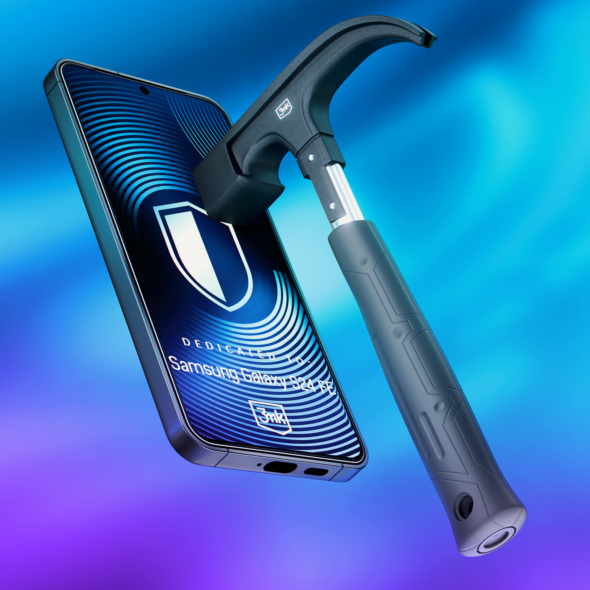 Martello sta per colpire lo schermo di un telefono con un'icona a scudo. Il telefono è marchiato per Samsung Galaxy S24.