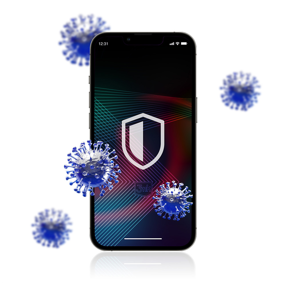 Smartfon z ikoną tarczy, otoczony ilustracjami wirusów. Ekran pokazuje logo tarczy.