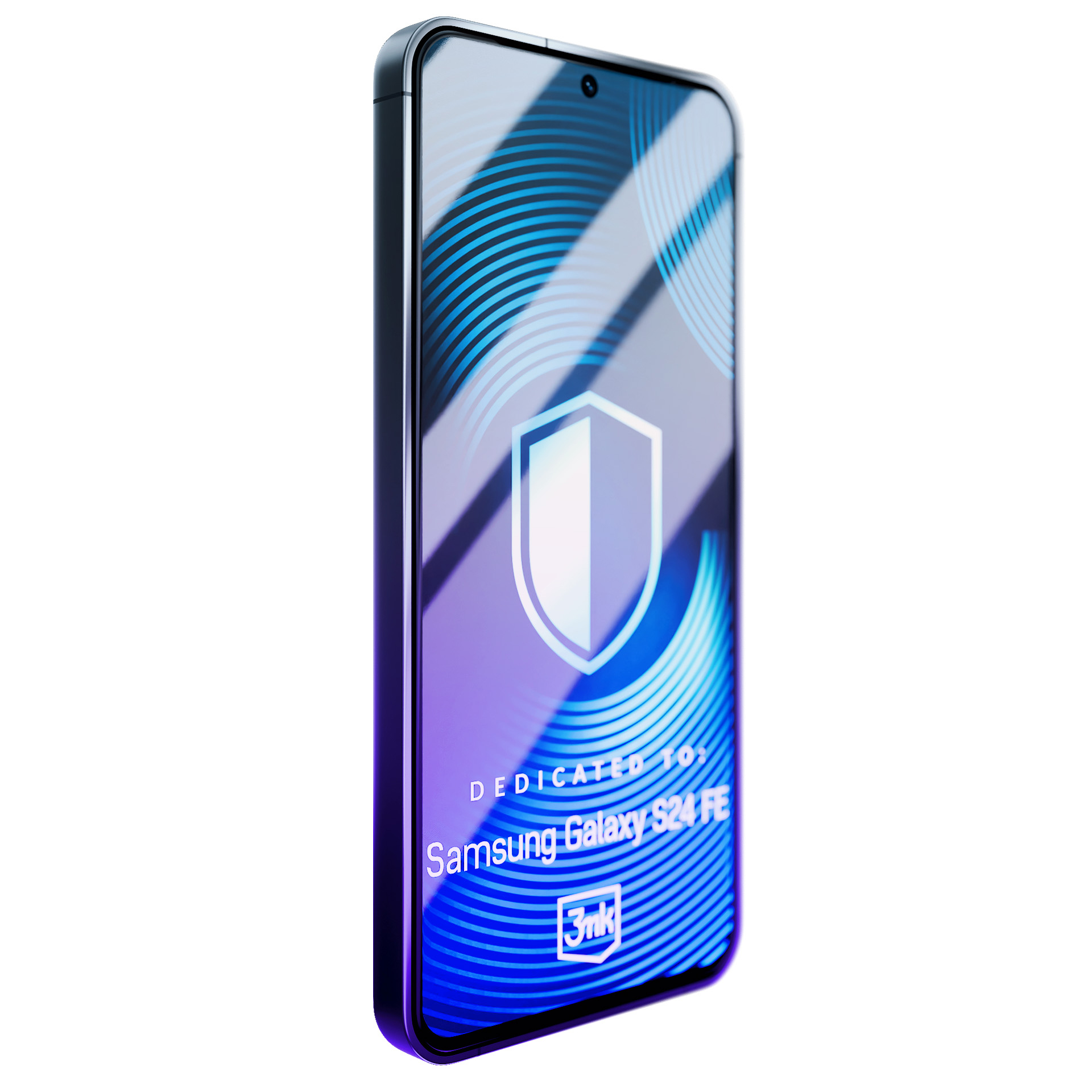 Un telefono in piedi con icona scudo. Il telefono è marchiato per Samsung Galaxy S24 FE.