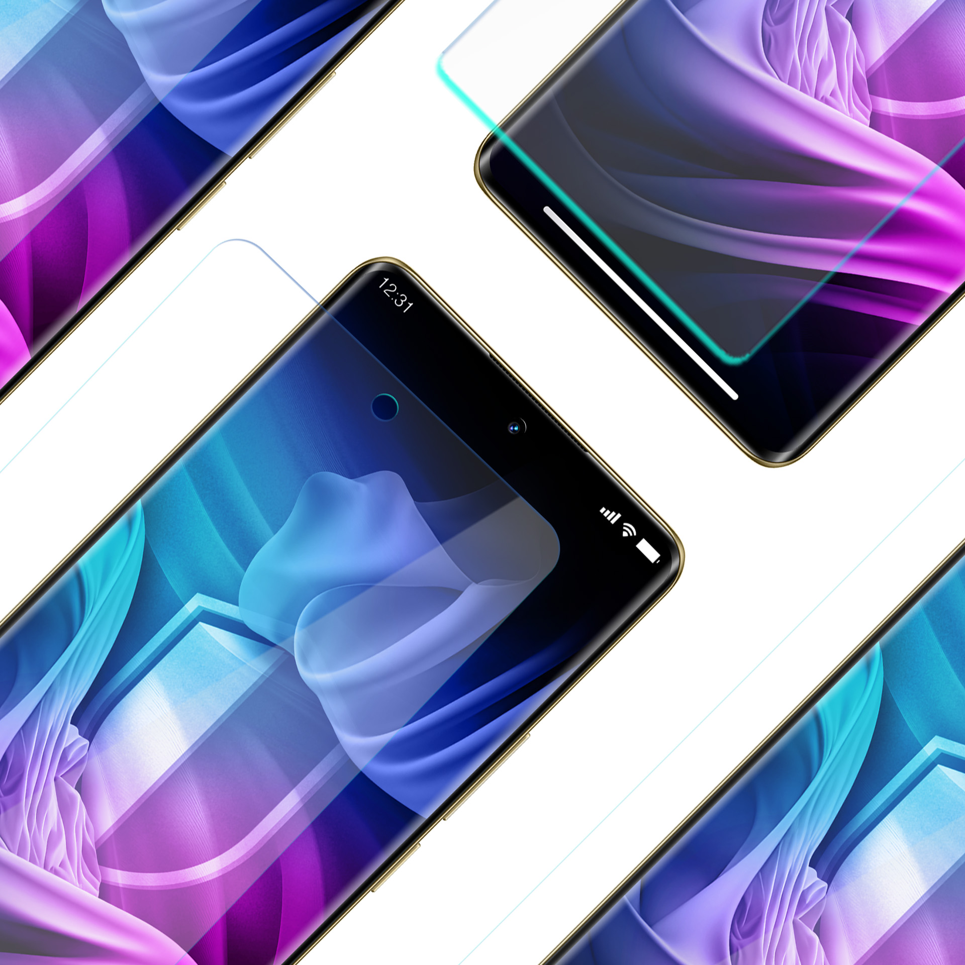 Wiele ekranów telefonów z folią ochronną. Telefony pokazują podobny design z ikoną tarczy.