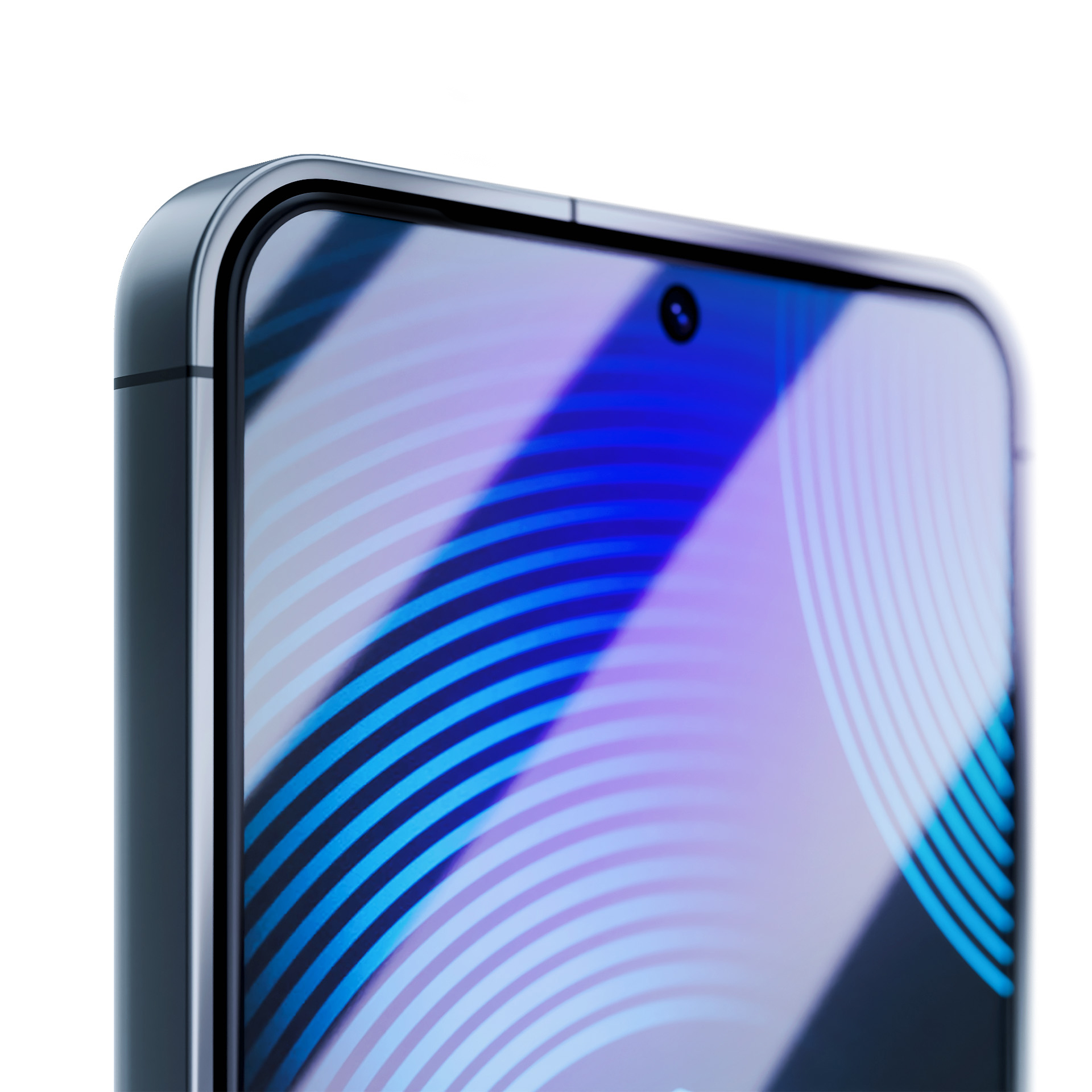 Primo piano dello schermo di un telefono. Lo schermo ha un design e una fotocamera frontale.