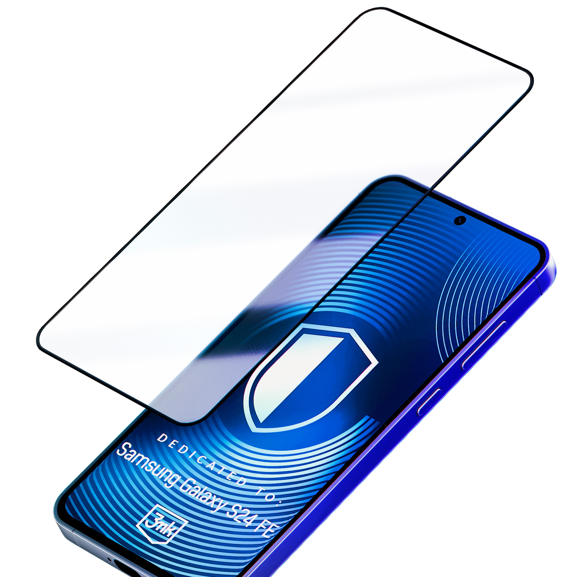 Un telefono e un proteggi schermo sono visualizzati. Il telefono è blu, con un logo a scudo.