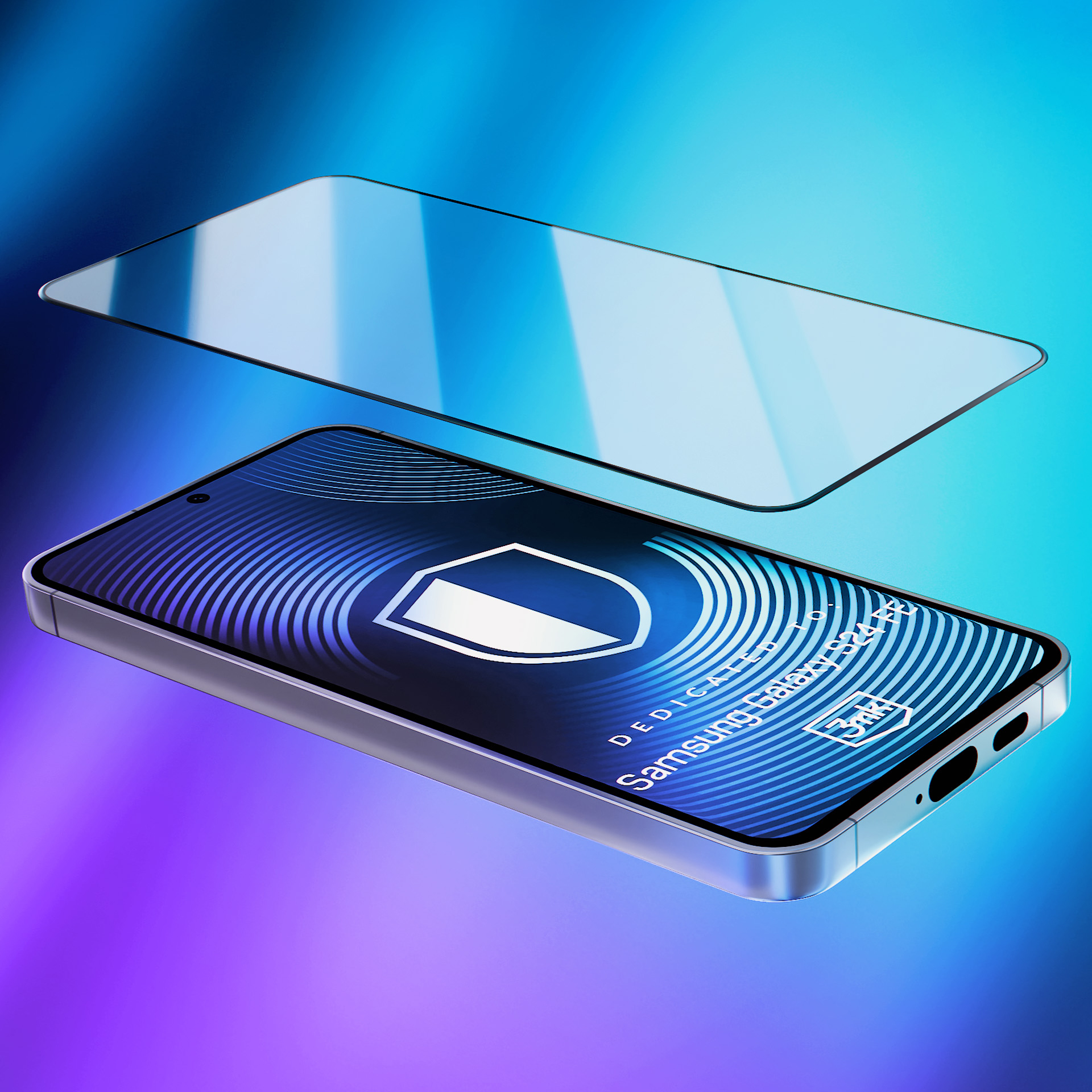 Un telefono con un proteggi schermo accanto. Lo schermo mostra "Samsung Galaxy S24 FE".