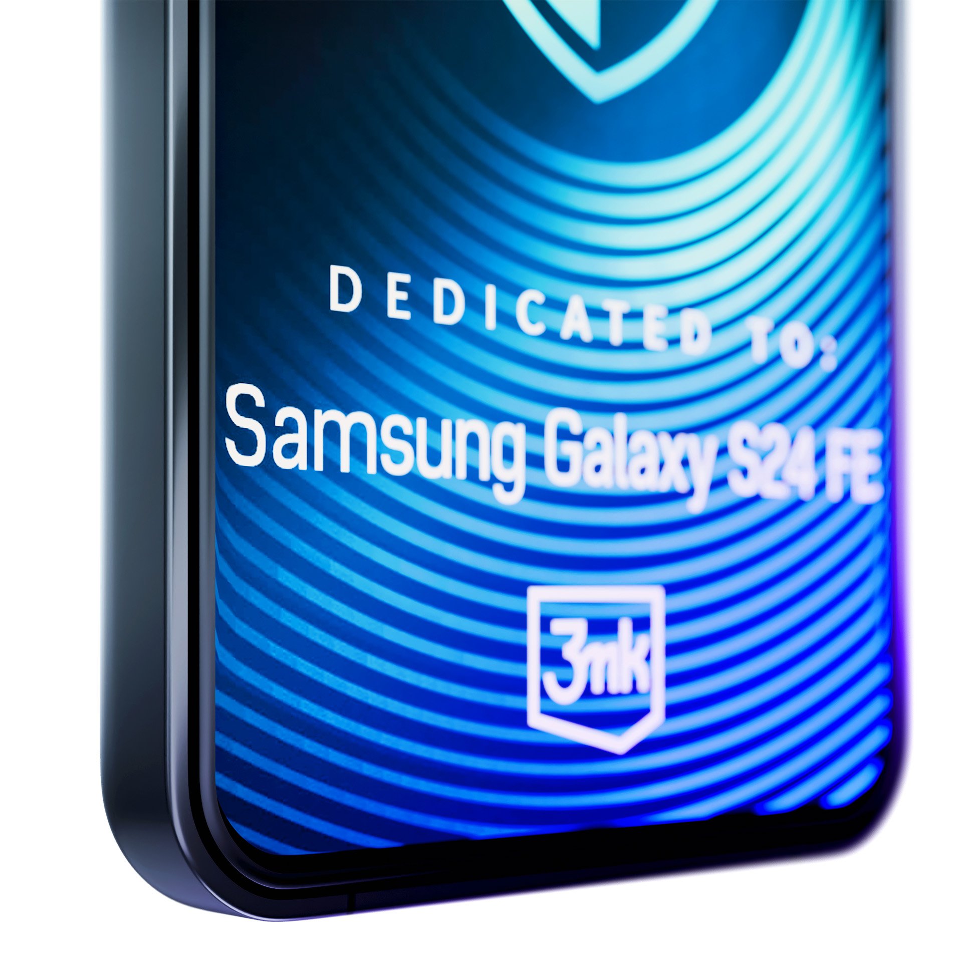 Primo piano di uno schermo del telefono. Dice: "Dedicated to: Samsung Galaxy S24 FE" con un logo.
