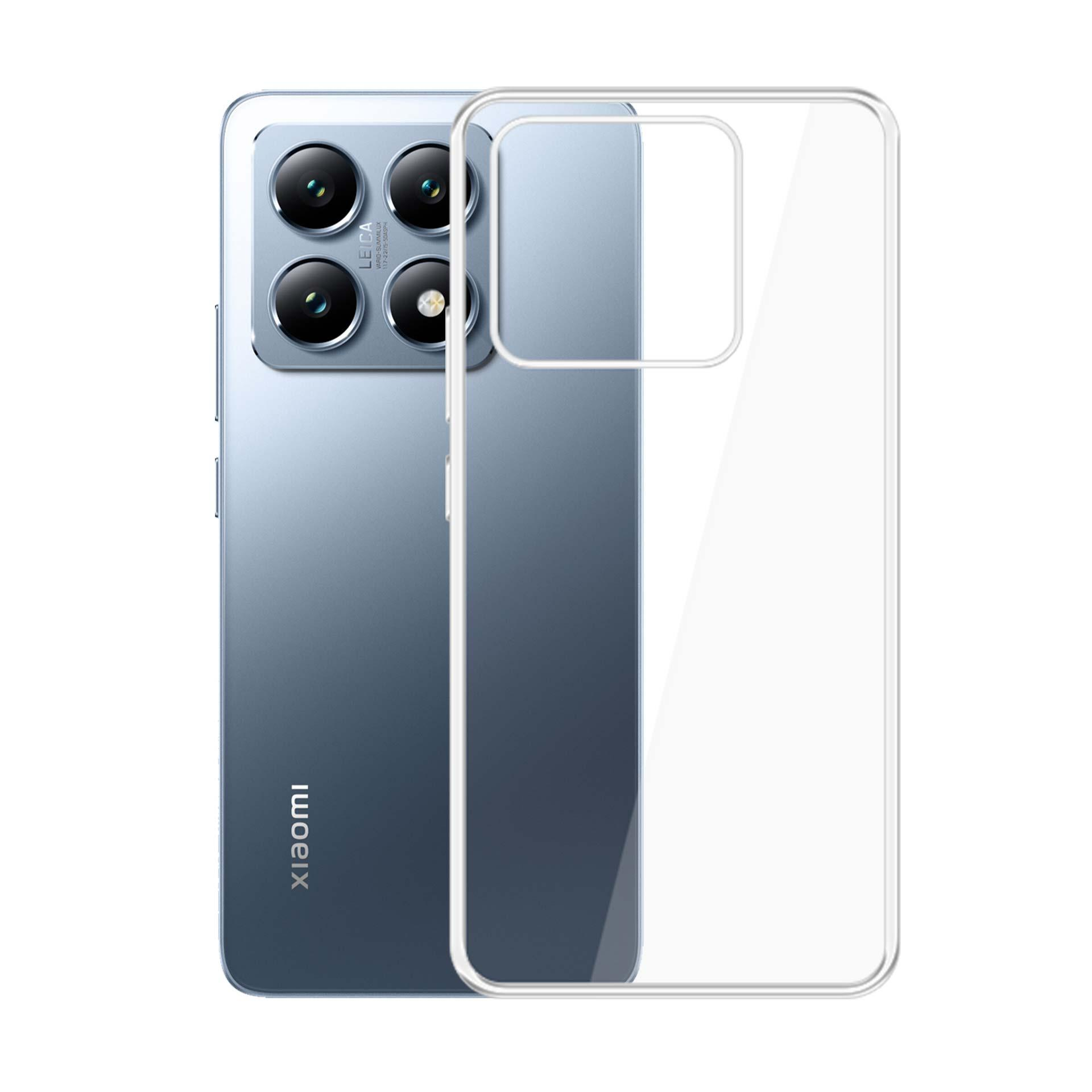 Un telefono con una custodia trasparente. Ha più fotocamere e la parola "xiaomi".