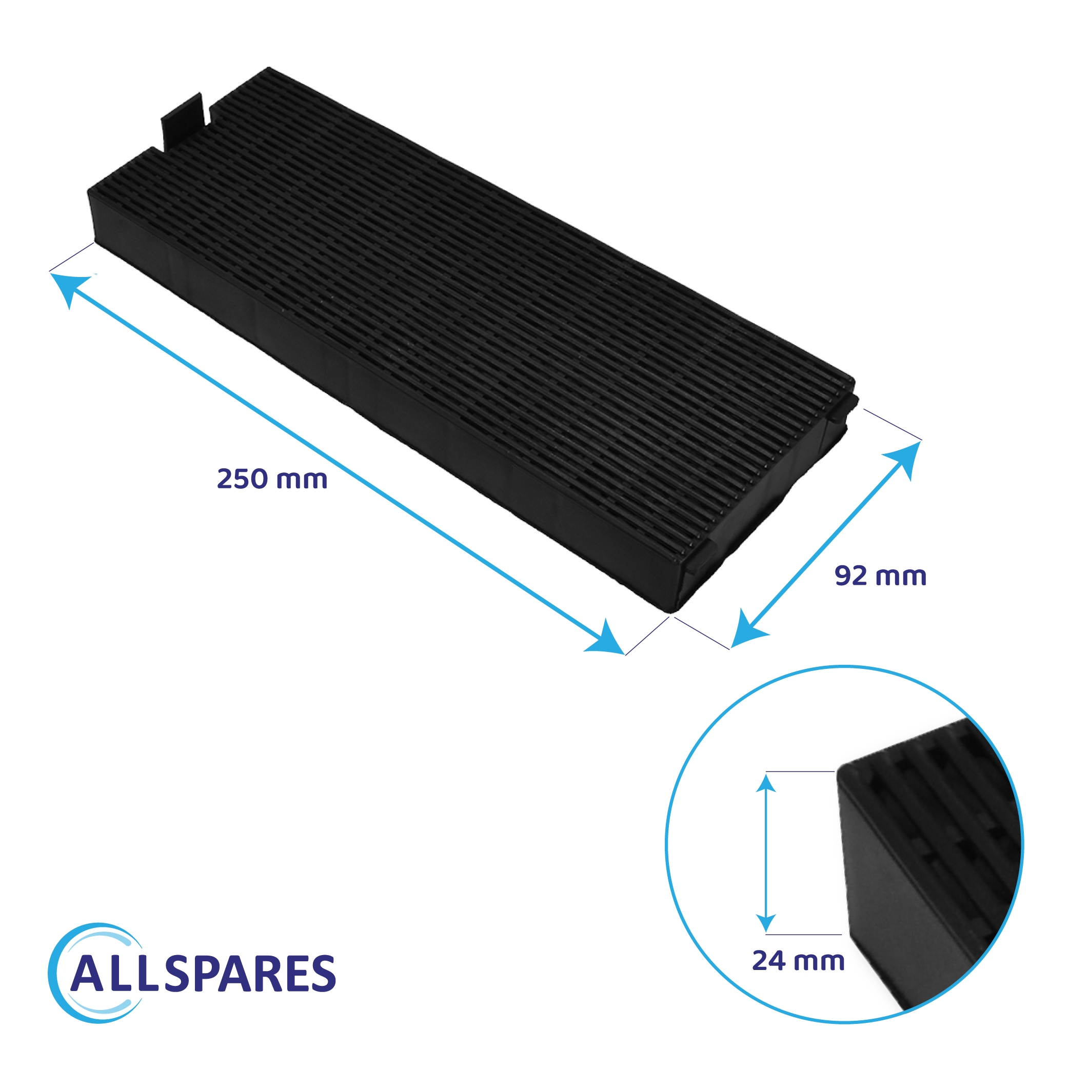 Un filtro dell'aria nero con dimensioni: 250 mm x 92 mm x 24 mm. Il logo Allspares è nell'angolo.