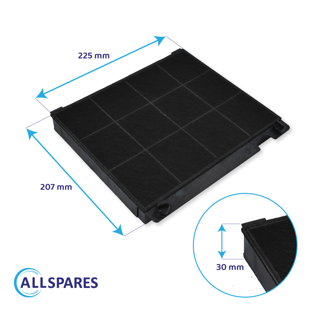 Rechteckiger Luftfilter mit den Maßen: 225 mm x 207 mm x 30 mm. Das Allspares-Logo ist in der Ecke.