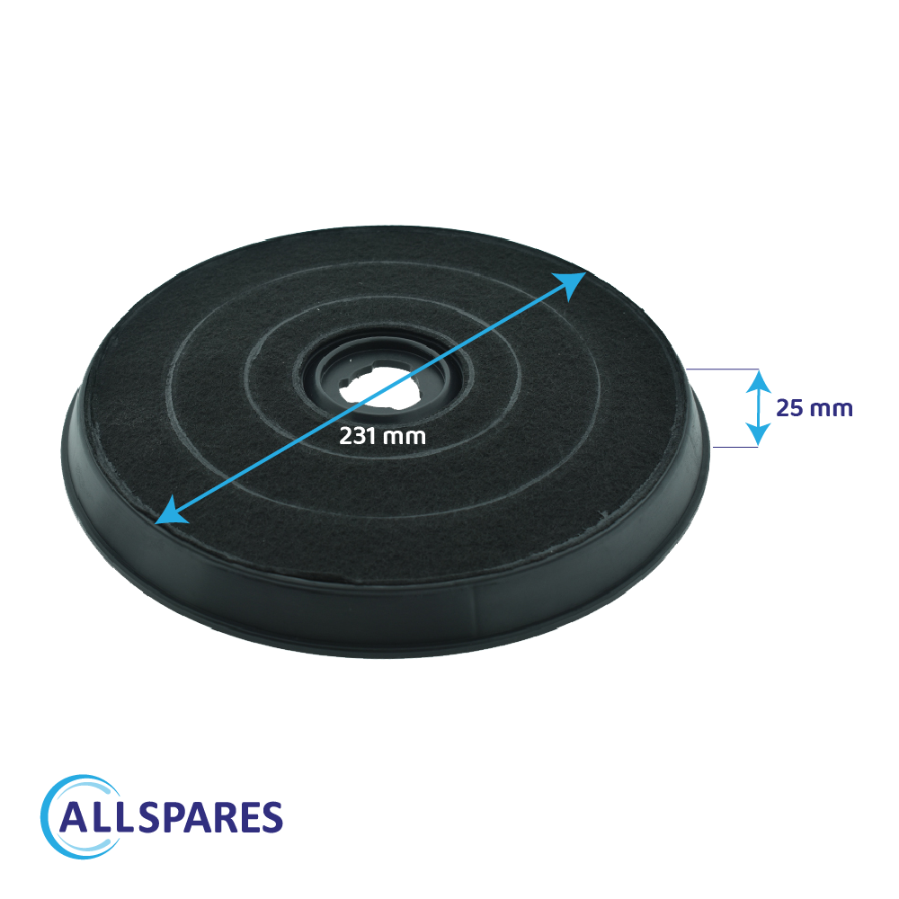 Schwarzer runder Filter mit Maßen. Es hat eine kreisförmige Form. Allspares-Logo.