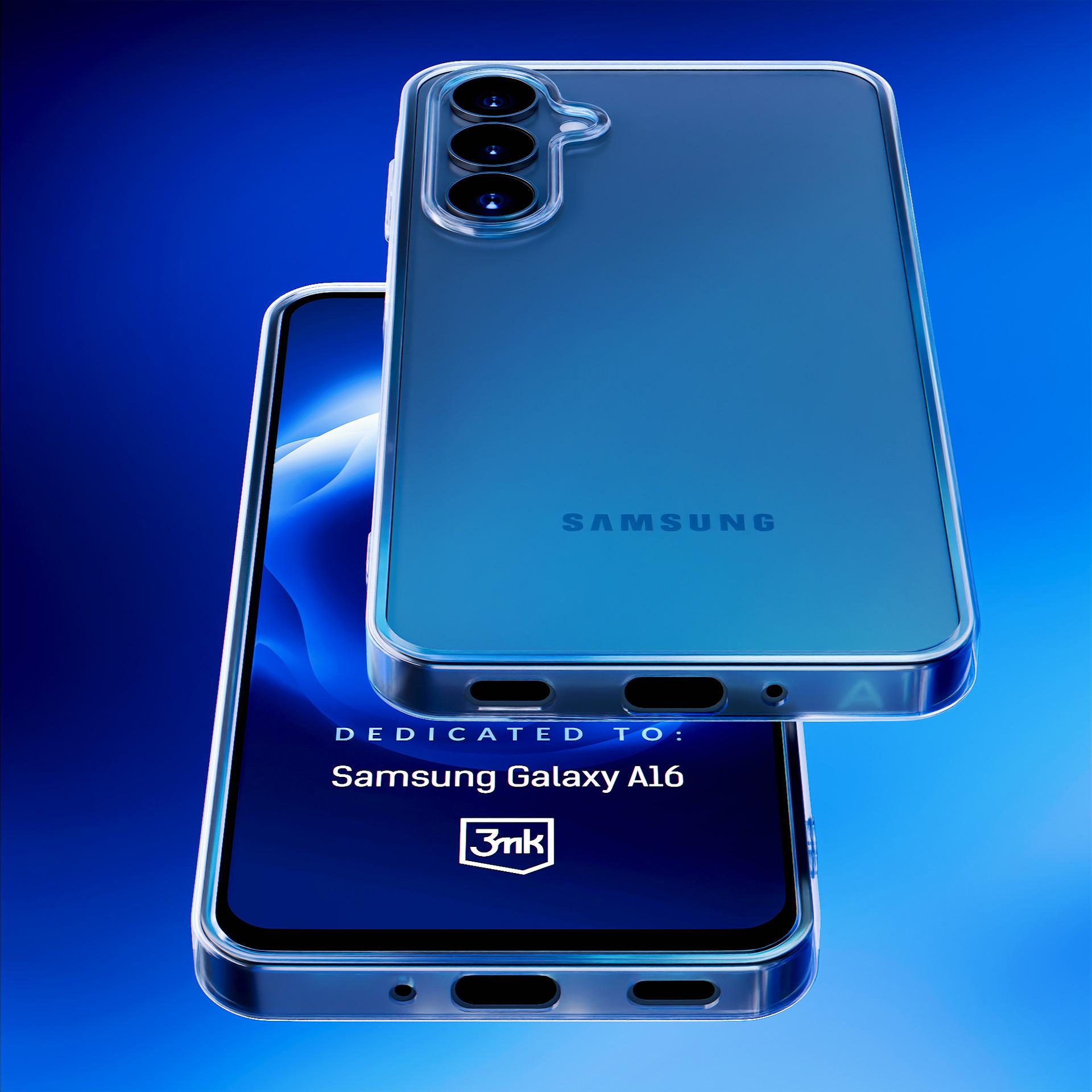 Dwa telefony Samsung Galaxy A16, jeden w etui, na niebieskim tle. Tekst: Dedicated to: Samsung Galaxy A16, logo 3nk.