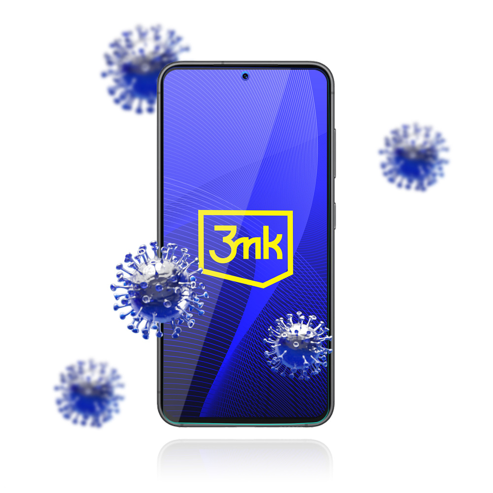 Smartphone con logo sullo schermo circondato da modelli di virus su sfondo bianco.