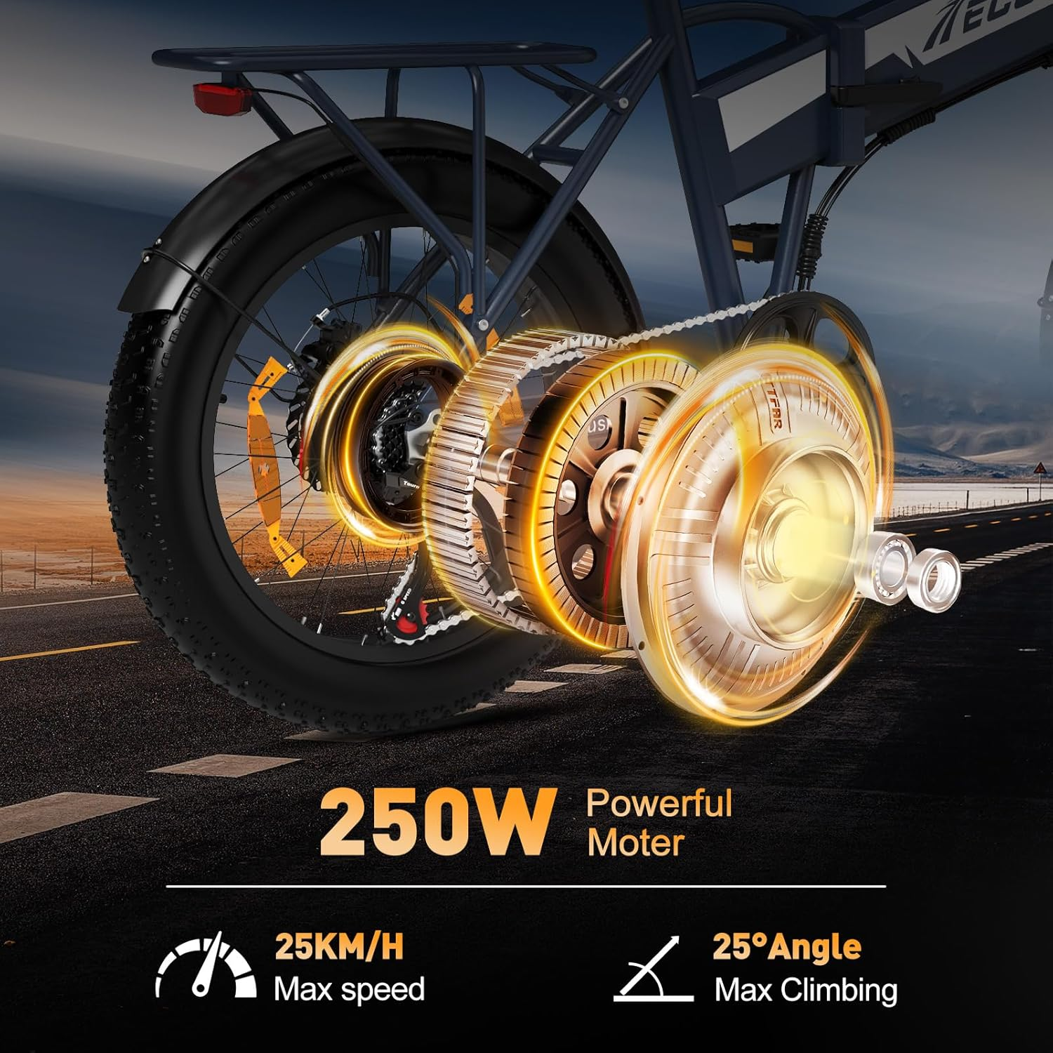 E-bike con motor de 250W, velocidad máxima de 25 km/h y ángulo de escalada de 25 grados. Rueda trasera visible con frenos de disco y detalles naranjas.