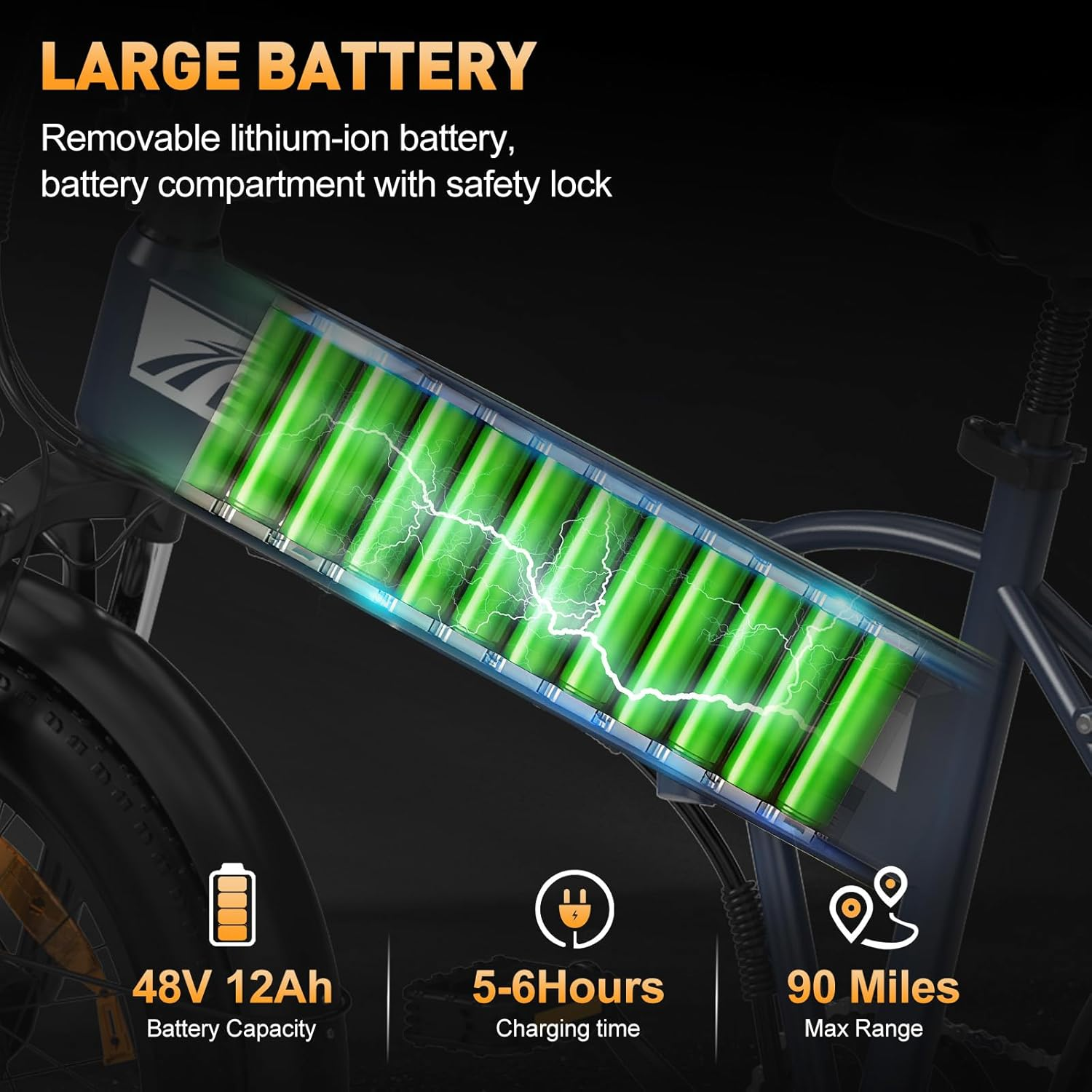 La imagen muestra una batería de bicicleta eléctrica, con celdas verdes en el interior y texto que describe su capacidad.