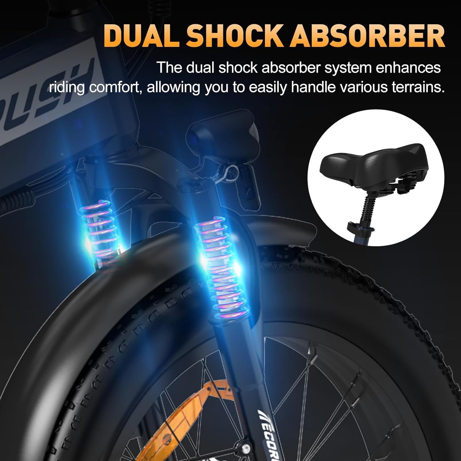 Primer plano de la suspensión delantera de una e-bike con amortiguadores dobles y un sillín.