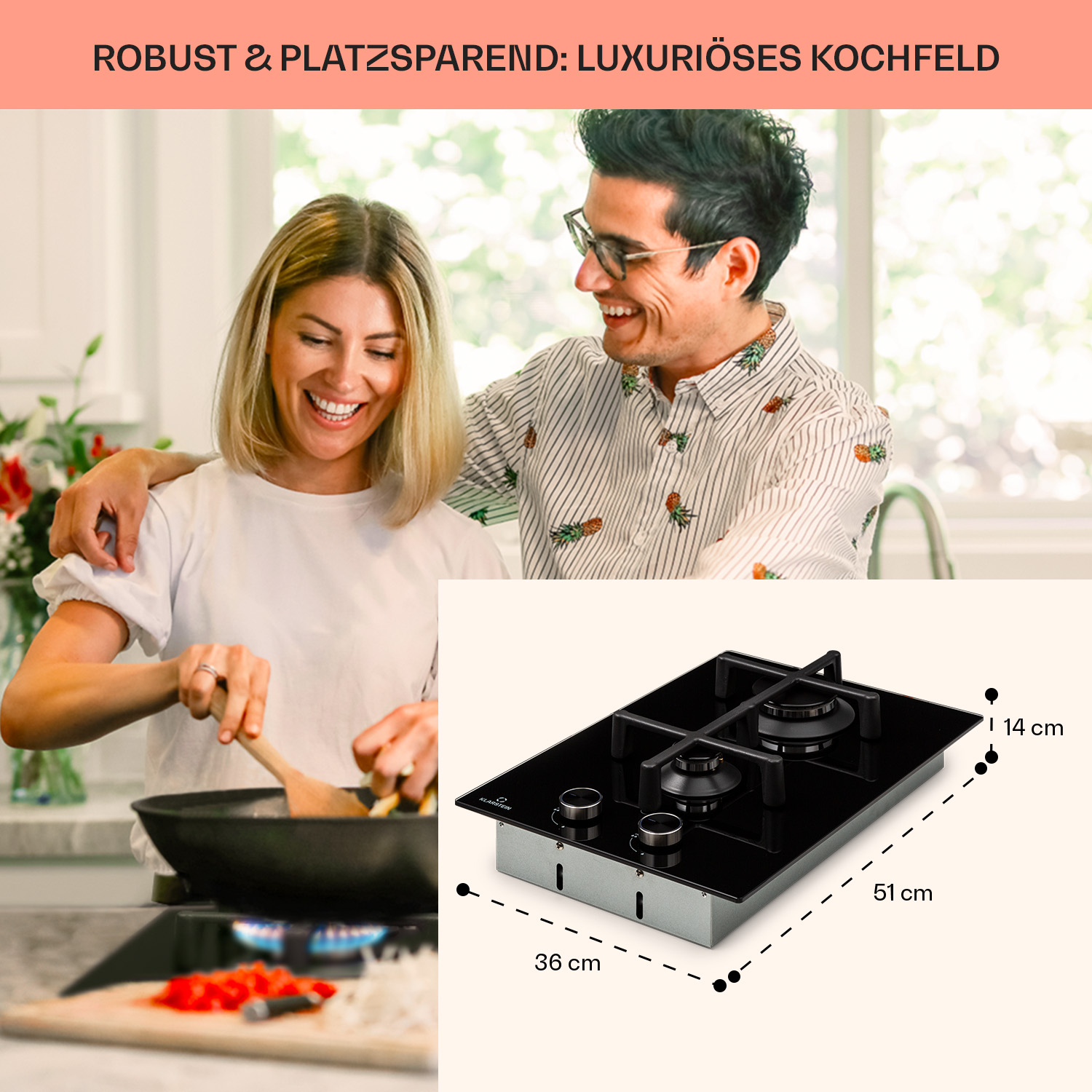 Ein Kochfeld mit zwei Brennern mit blauen Flammen, Edelstahlrahmen, schwarzer Glasoberfläche und Knöpfen.